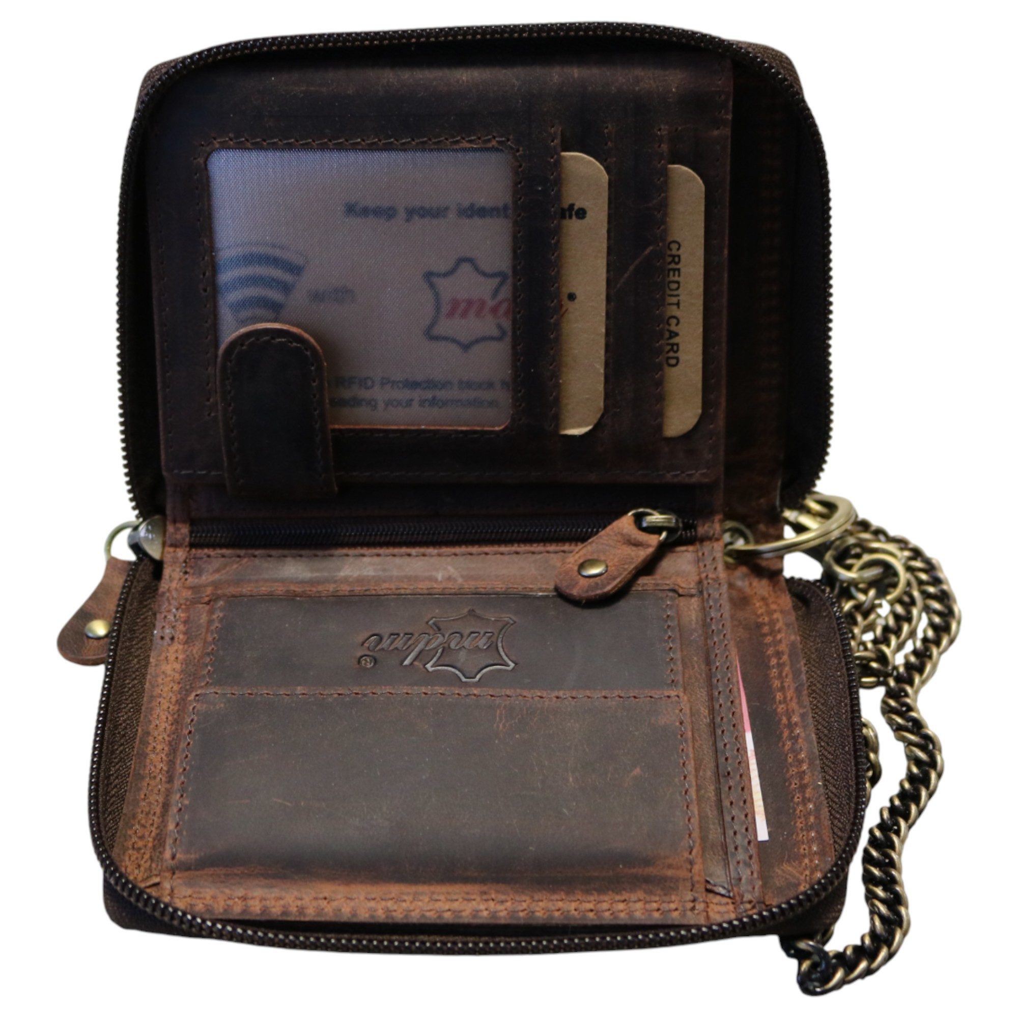 MDM Brieftasche Biker Leder Karten Portemonnaie mit Kette, Reißverschluss, RFID – Bild 4 von 5