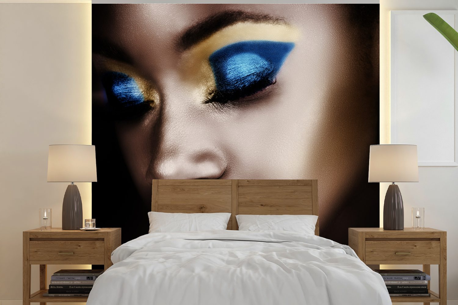 MuchoWow Fototapete Frau - Gold - Lippenstift, Matt, bedruckt, (5 St), Vinyl Tapete für Wohnzimmer oder Schlafzimmer, Wandtapete
