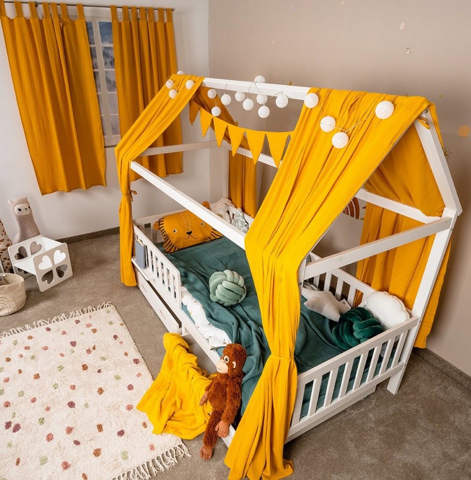 Vorhang Komplett SET mit Hausbett DEKO, Alavya Home®, Schlaufen (2 St),  Lichtschutz, 100% Bio-Musselin Baumwolle, Vorhänge 100 x 150 cm Kurz  2er-Set für Kinderzimmer