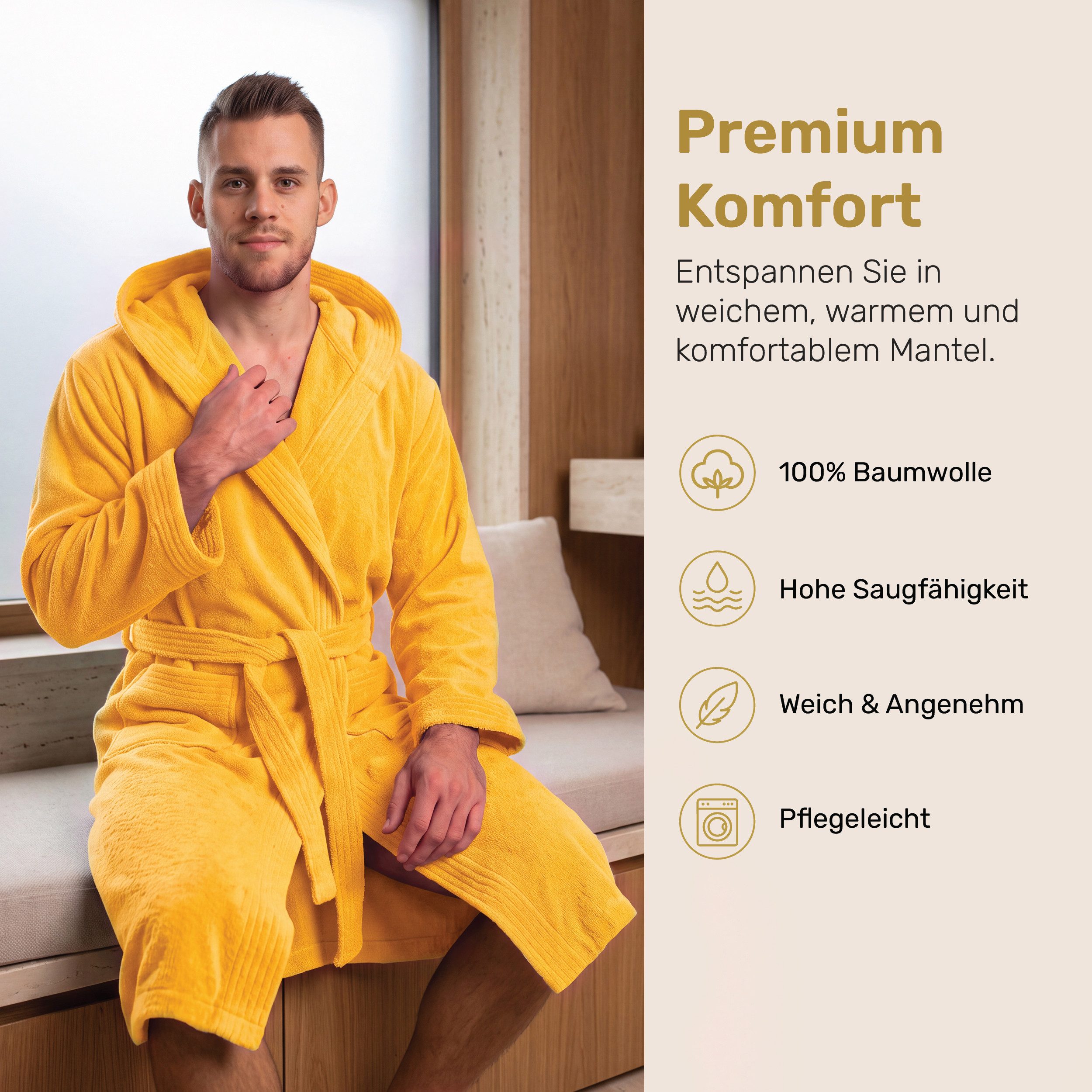 Lavea Bademantel Damen und Herren, Morgenmantel Mexico, Hotelbademantel, Lang, 100% Baumwolle, mit Kapuze, hochwertiger Bindegürtel, Weich & Saugstark - Spa Fee – Bild 4 von 5