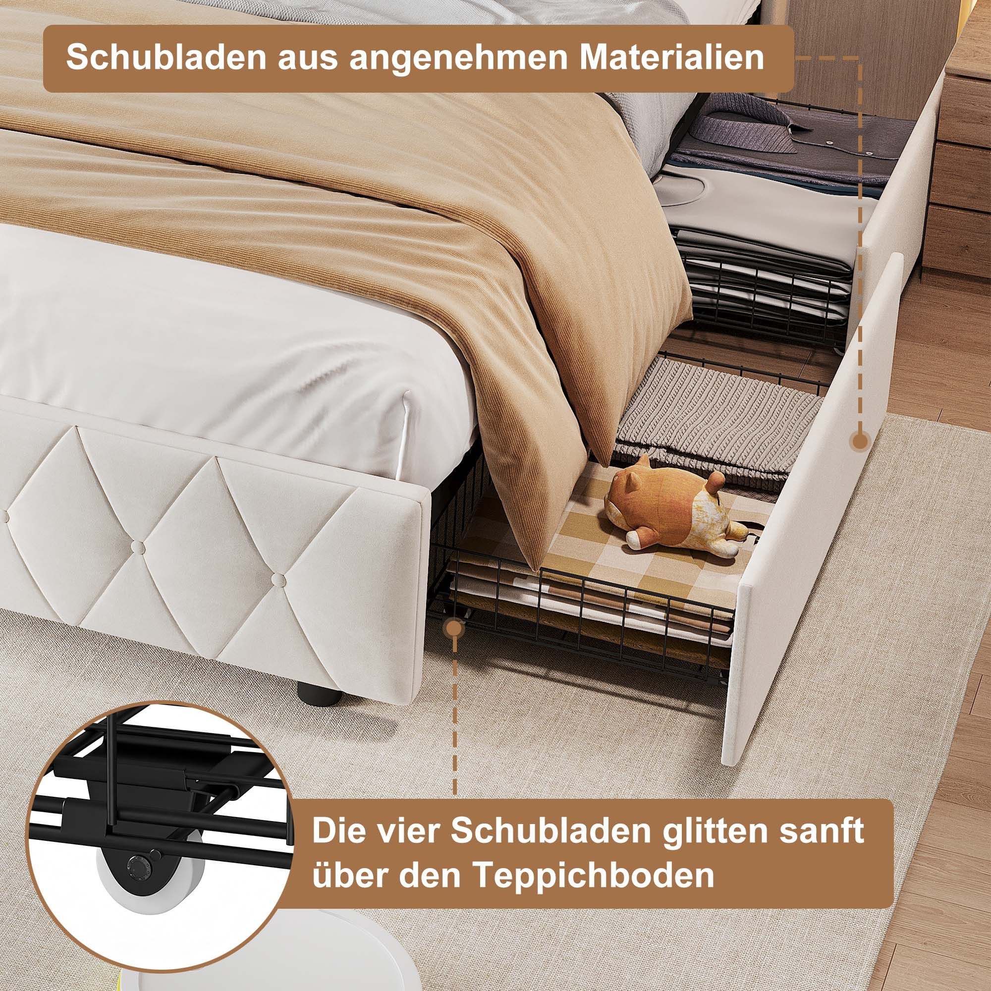 ADWOLT Stauraumbett Polsterbett mit Lattenrost und LED-Beleuchtung, Jugendbett 140x200cm mit USB&Type-C,Doppelbett mit 4 Schubladen,Beige – Bild 4 von 5