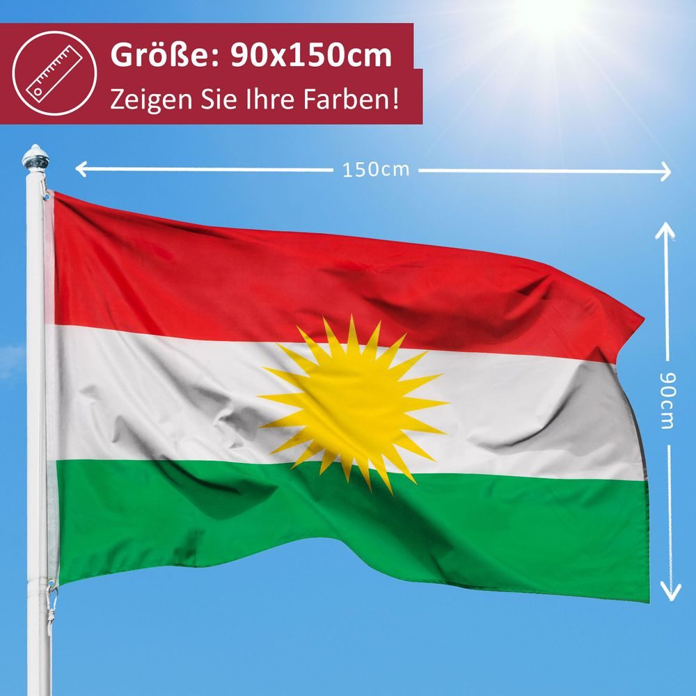 PHENO FLAGS Flagge Kurdistan Flagge - Kurdistanfahne 90 x 150 cm, Strapazierfähige Fahne für Fahnenmast, mit 2 Ösen