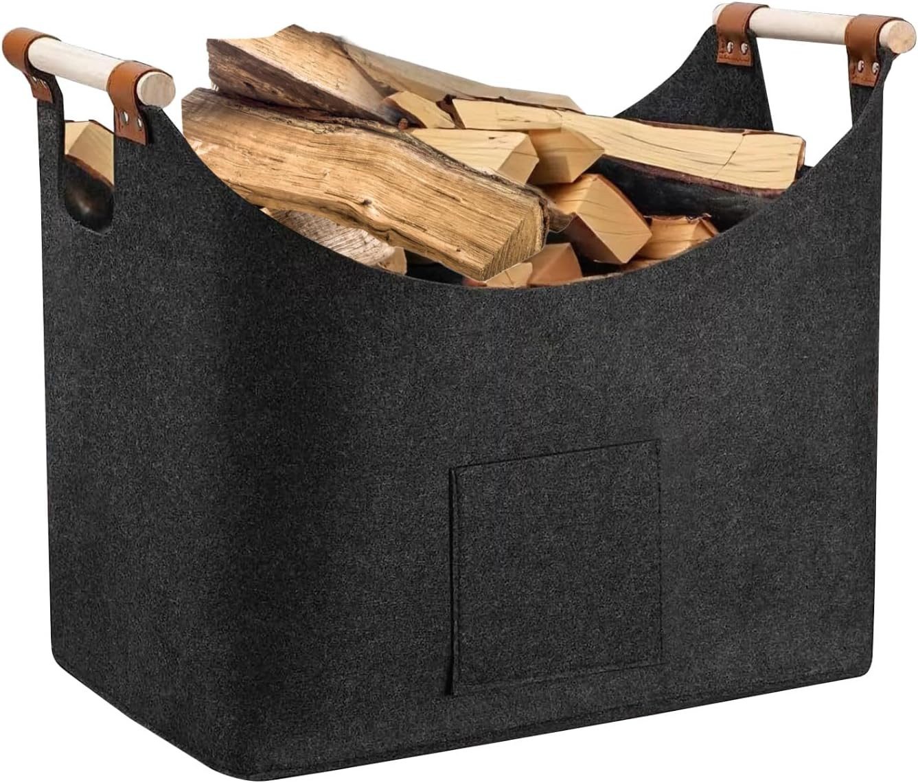 PFCTART Kaminholzkorb Filztasche groß & Holzkorb für Kaminholz – Mit Holzgriffen, faltbar (Set, 1 St., 67L oder 96L erhältlich – Ideal für Kaminholz & Haushalt, Grau), Holzkorb Aufbewahrung für Brennholz – 30 kg belastbar