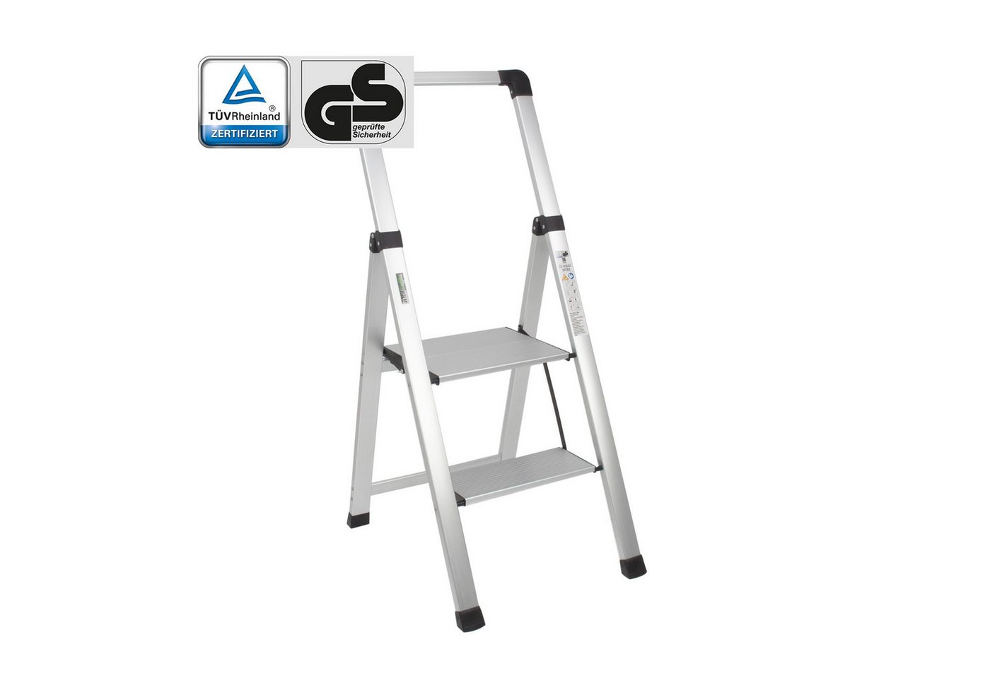 TRUTZHOLM Trittleiter Aluminium 2-stufig silber klappbar mit Handlauf bis 150 kg TÜV GS, Klappbar, platzsparend, leichtgewichtig