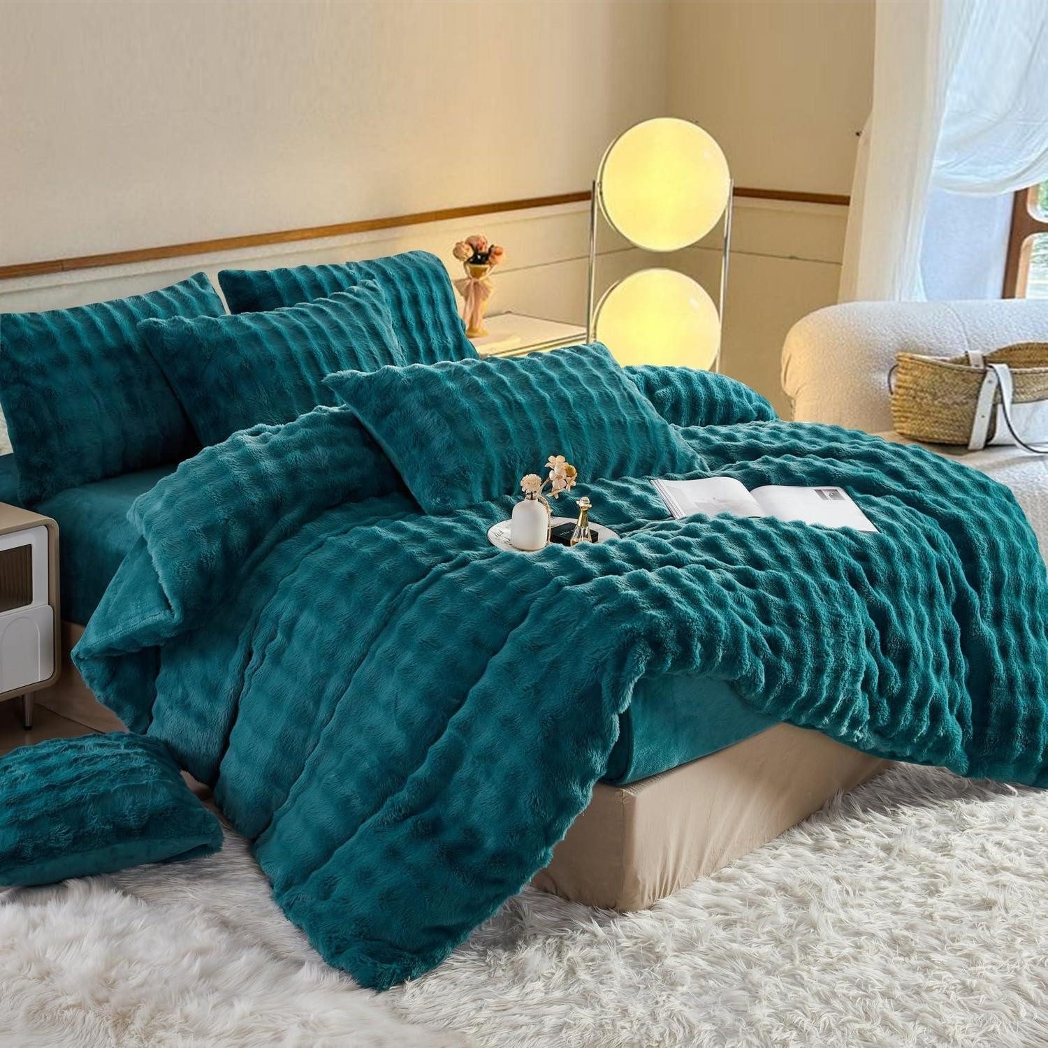 LuxusKollektion Bettwäsche Bettwäsche 135x200 Winter Warm Petrol Plüsch