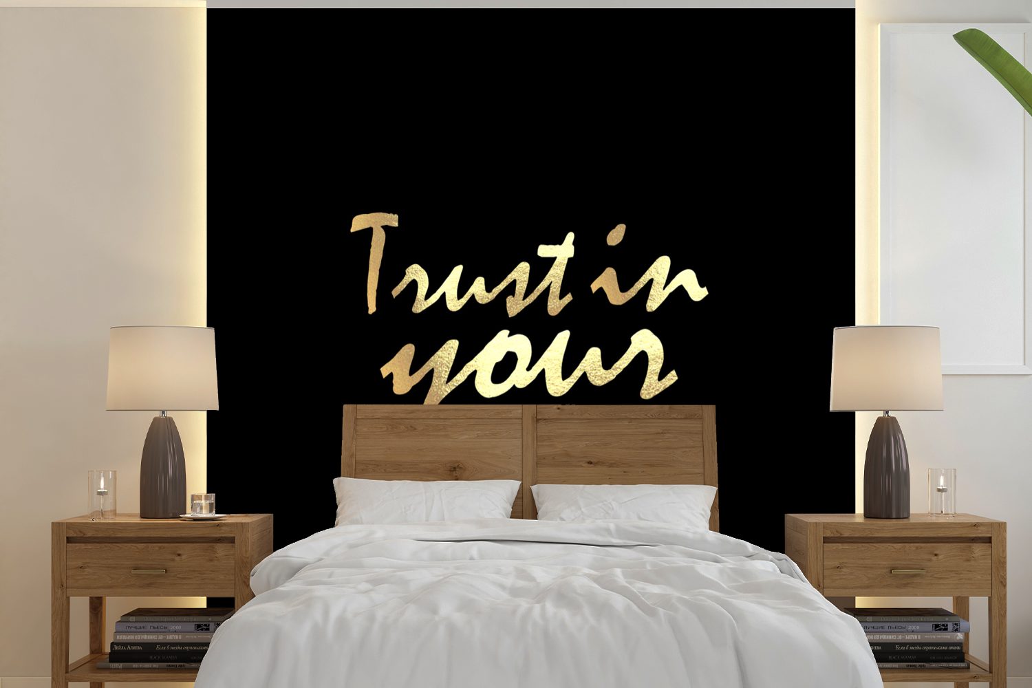 MuchoWow Fototapete Zitat - Vertrauen - Gold, Matt, bedruckt, (5 St), Vinyl Tapete für Wohnzimmer oder Schlafzimmer, Wandtapete