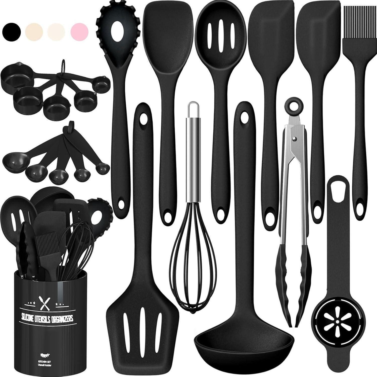 Terlulu Kochbesteck-Set Silikon Küchenhelfer Set 22-teilig Utensilienhalter Schwarz