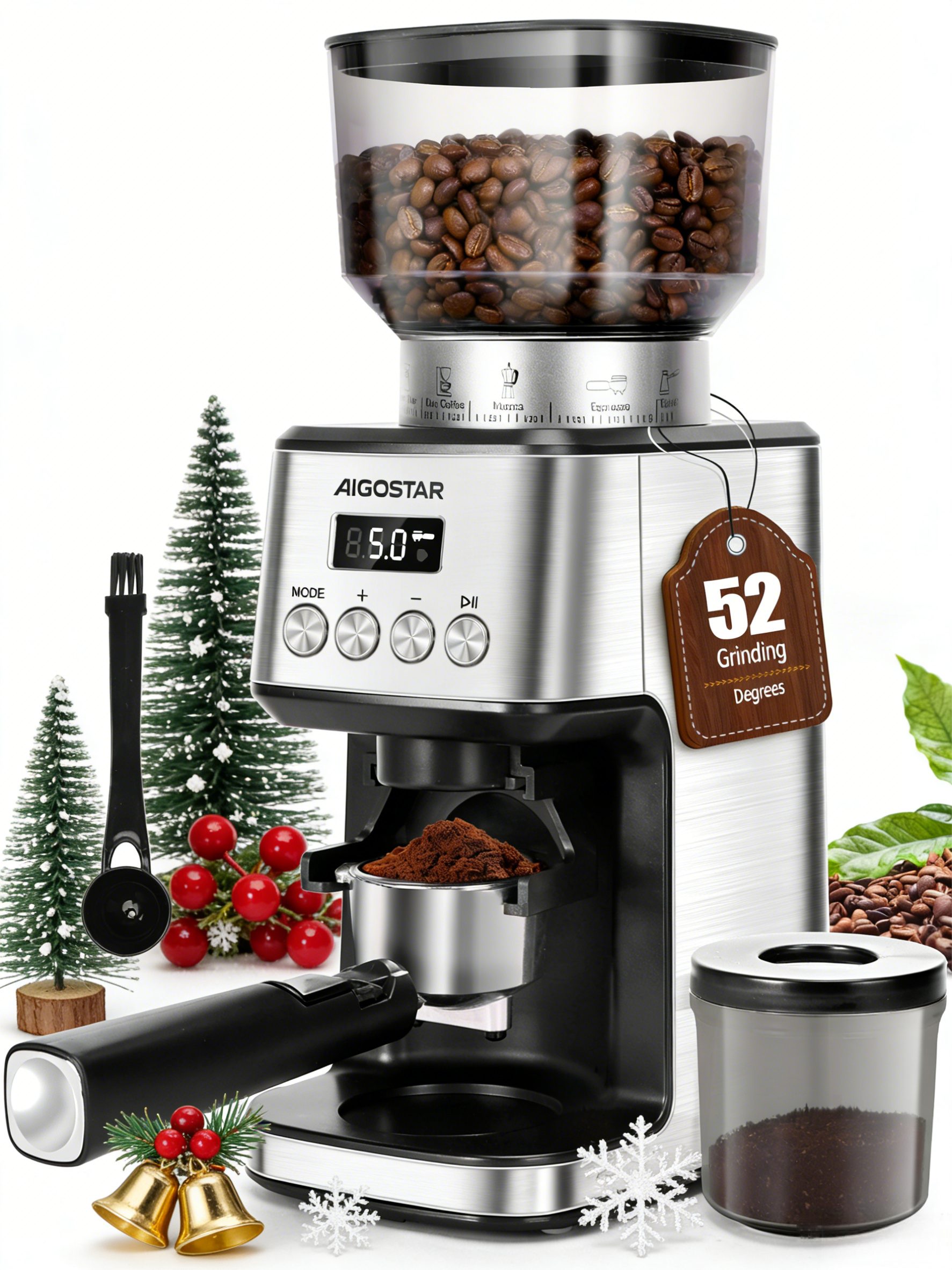 Aigostar Kaffeemühle Kegelmahlwerk Geeignet für Espresso mit 52 Mahleinstellungen, 180,00 W, Kegelmahlwerk, 320,00 g Bohnenbehälter, Antistatisch und verstopfungsfrei, Einfach zu reinigen und zu warten