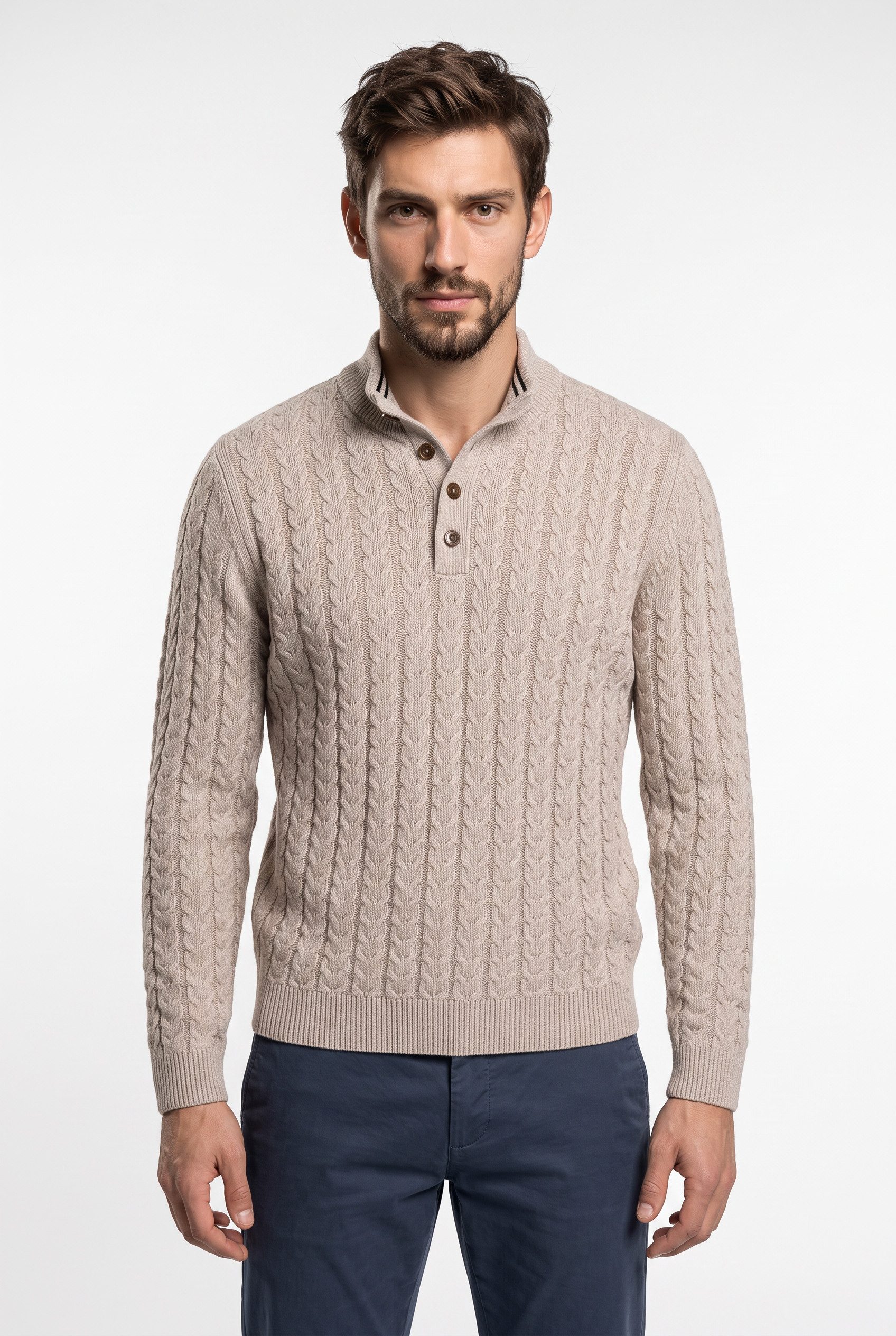 FYNCH-HATTON Troyer Strickpullover mit Zopfmuster und Knopfleiste, Woll-Anteil