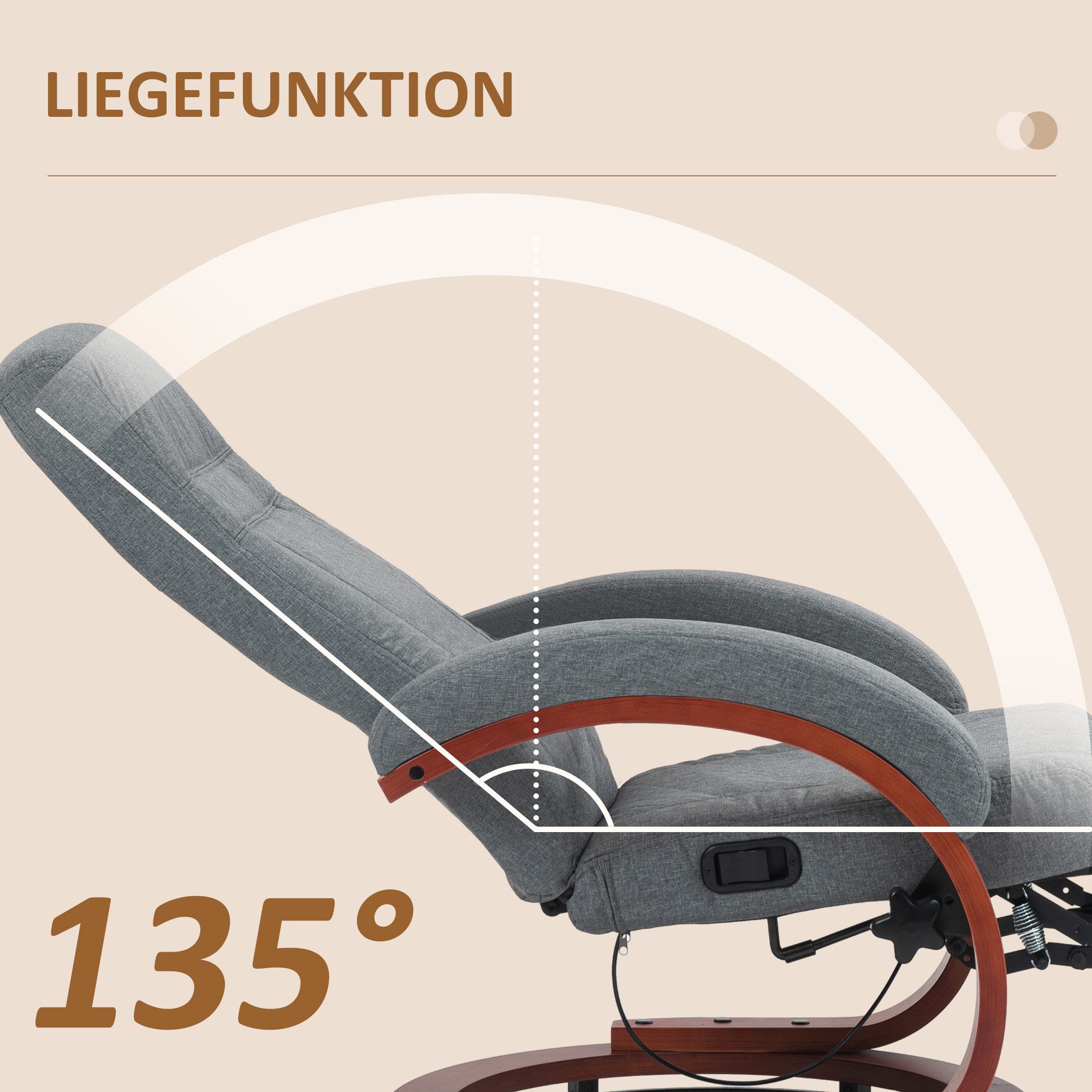 HOMCOM Relaxsessel Fernsehsessel mit Liegefunktion, drehbarer Ruhesessel (Liegesessel, 1-St., TV-Sessel), für Wohnzimmer, Schlafzimmer, Grau – Bild 4 von 5