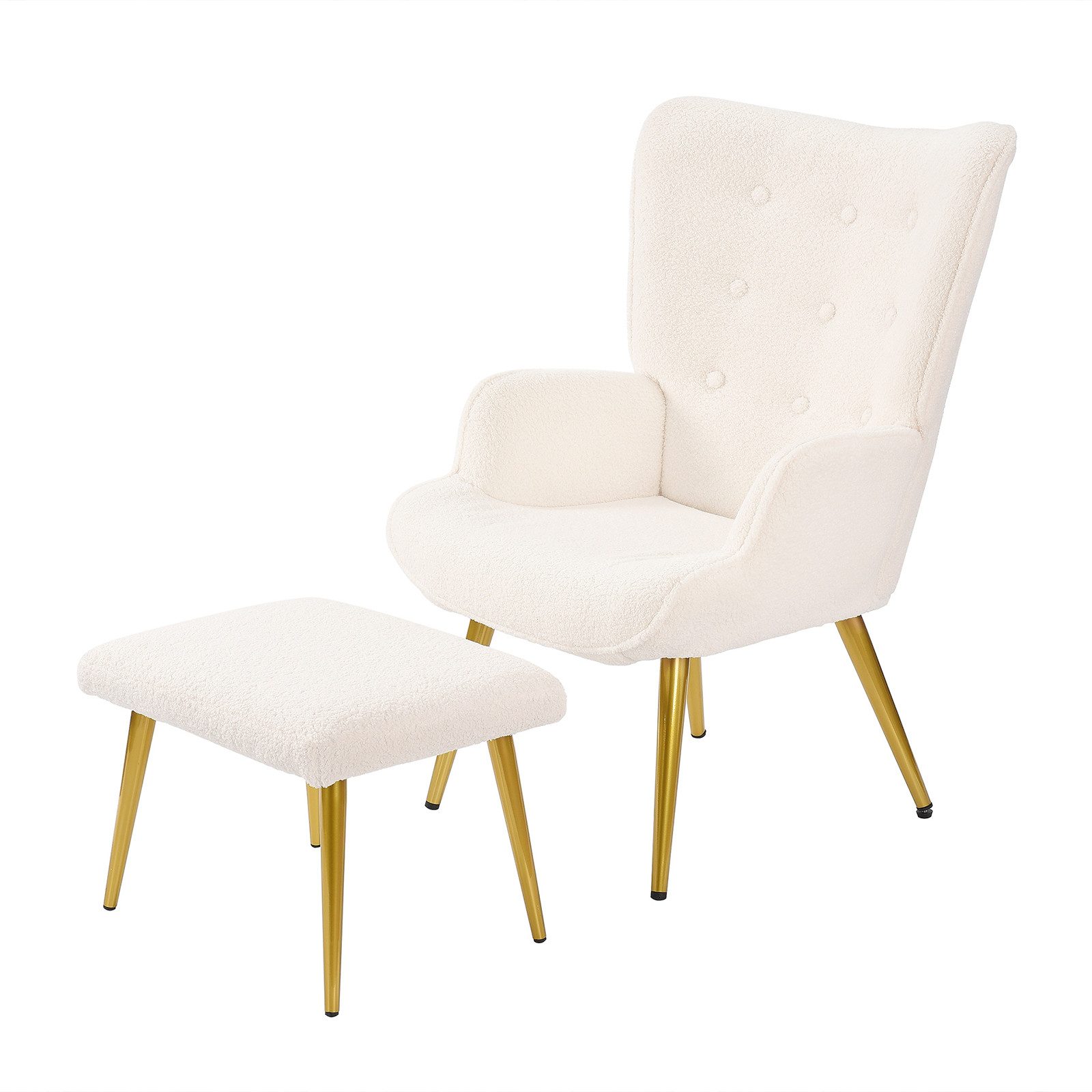 SEEZSSA Ohrensessel Relaxsessel Sessel mit Hocker & Rückenlehne, Teddyfleece Loungesessel Getuftete Knöpfe,Praktische Ergonomie,Weiß