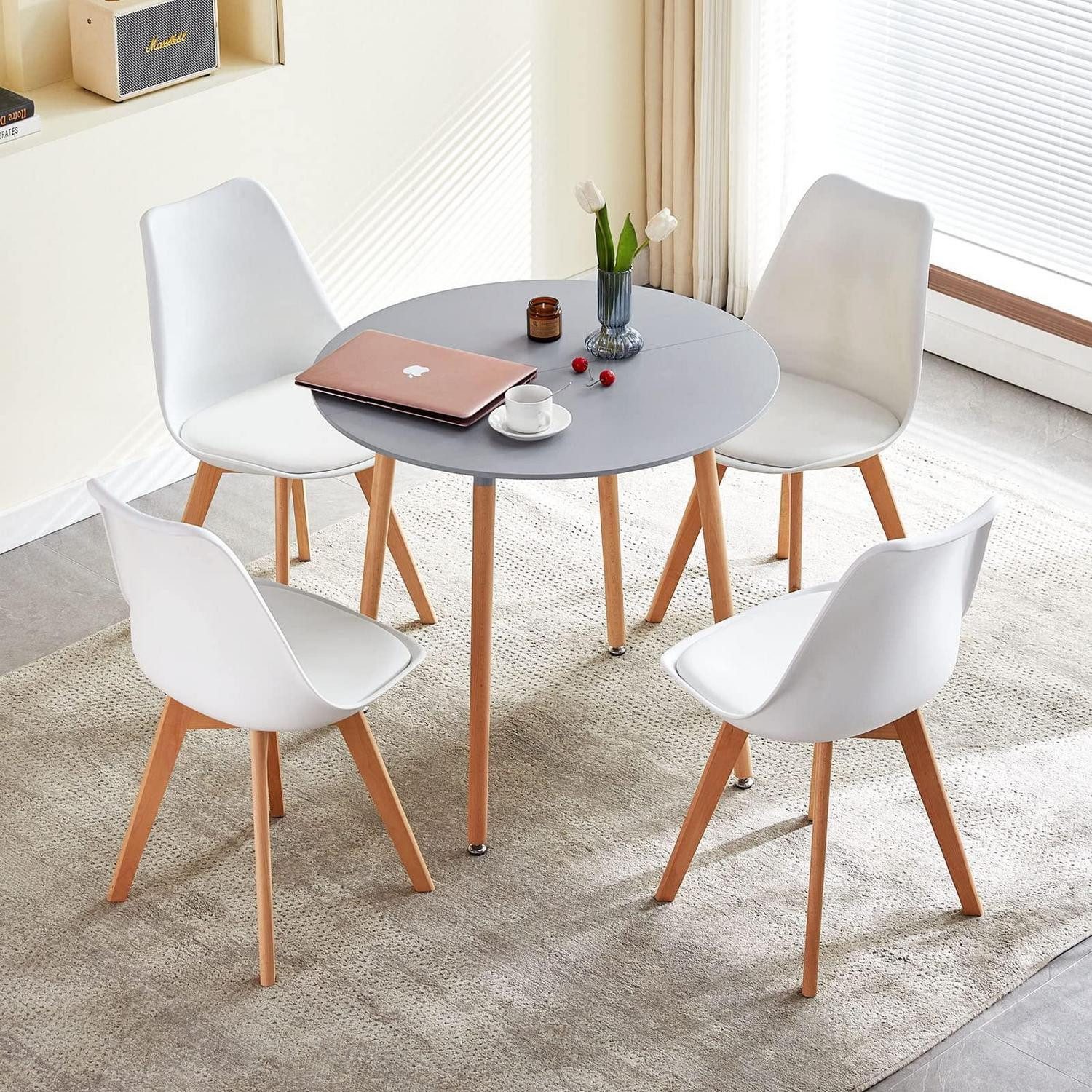 LuxusKollektion Esstisch Esstisch rund 80cm 4er Set Grau Tisch 4 Weiß Buche Stühle (1-St)