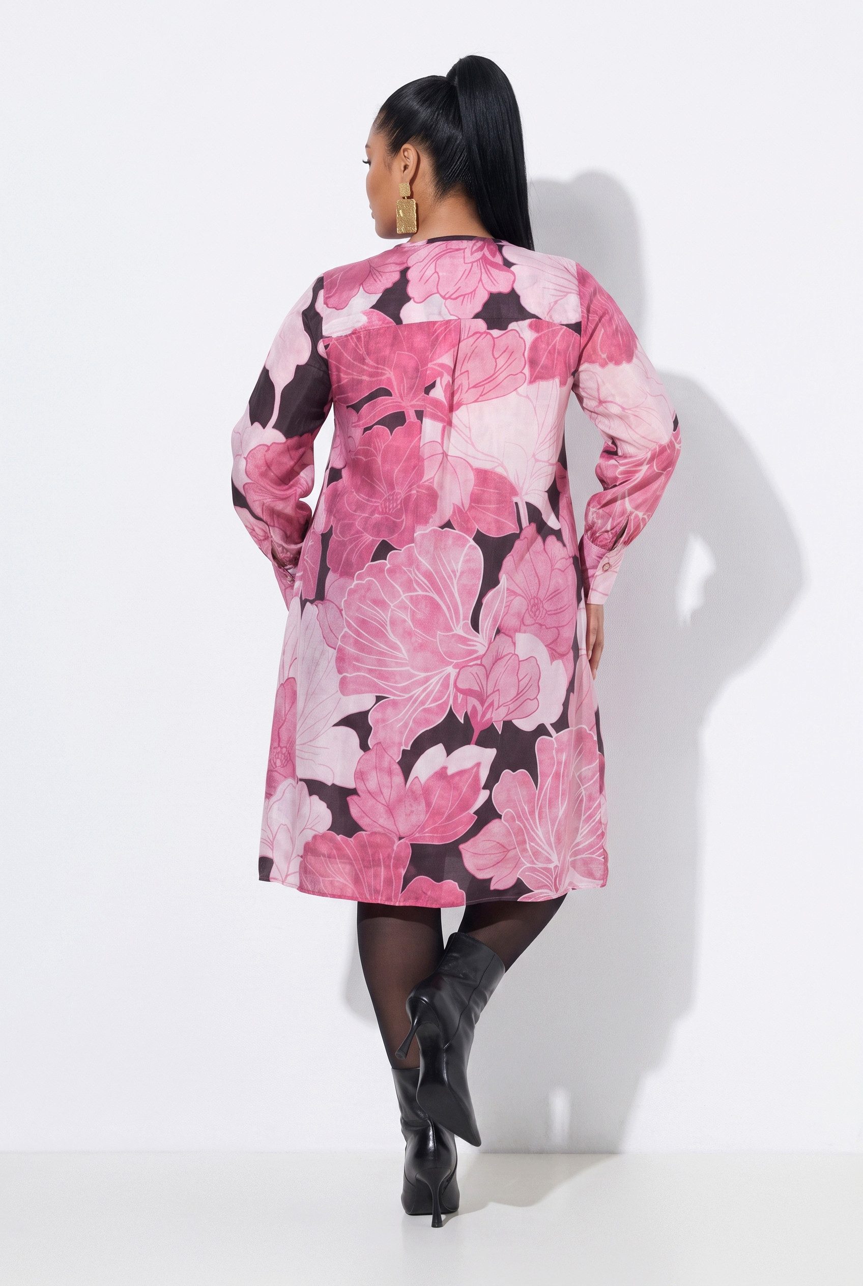 Ulla Popken Midikleid Kleid Cupro-Mix Blüten V-Ausschnitt Langarm – Bild 3 von 4