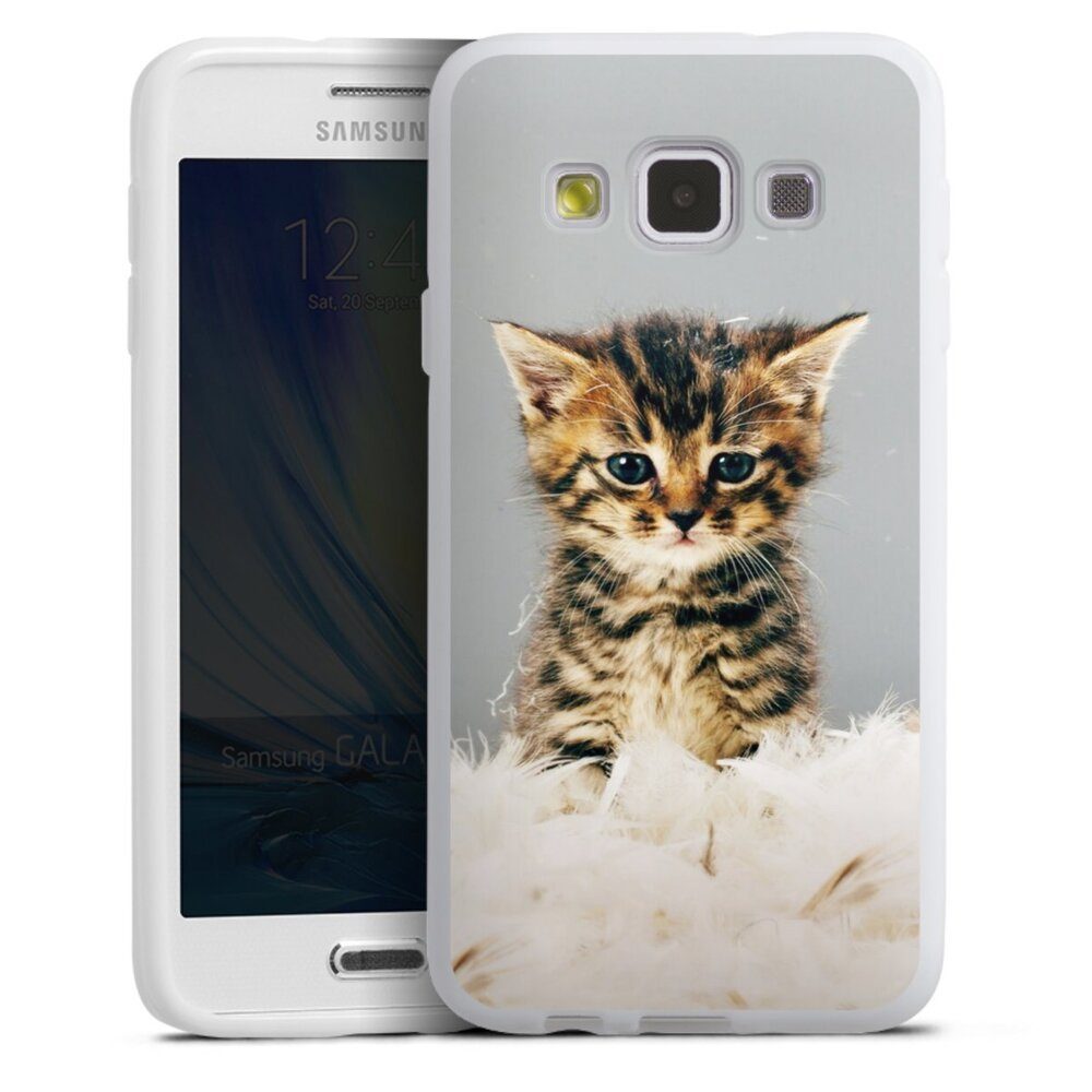 DeinDesign Handyhülle Katze Haustier Feder Kitty, Samsung Galaxy A3 (2015)  Silikon Hülle Bumper Case Handy Schutzhülle