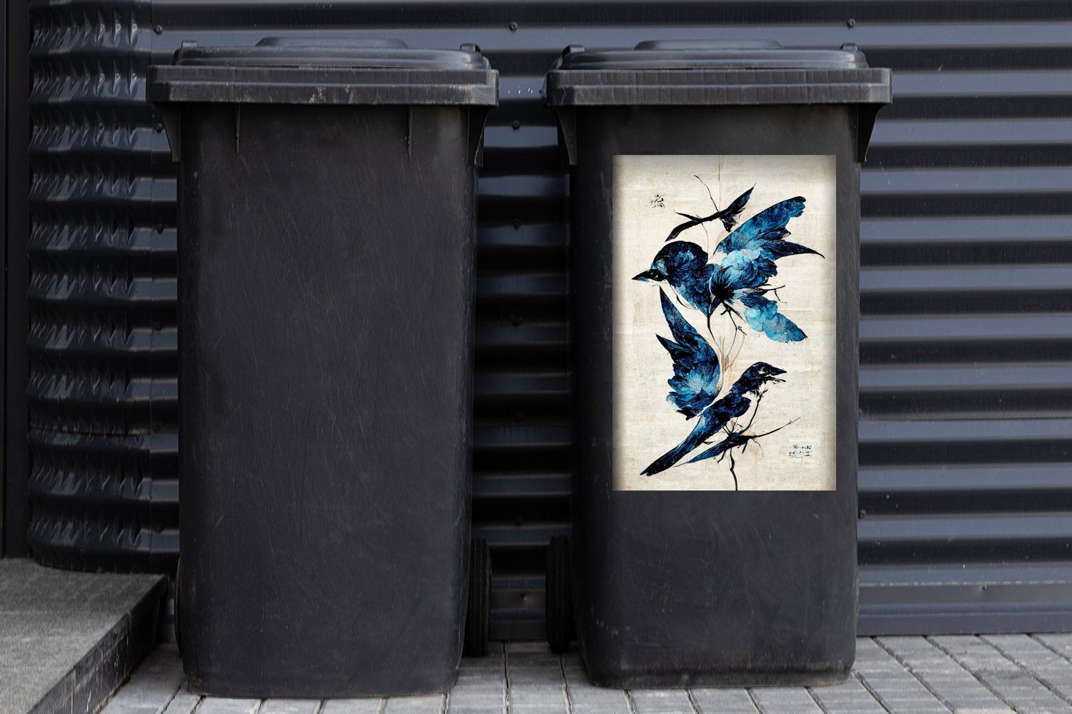 MuchoWow Wandsticker Vögel - Abfalbehälter (1 - Tiere - Mülltonne, Sticker, St), Blau Mülleimer-aufkleber, Vintage Container