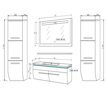 Homeline Badmöbel-Set Danny badmöbel, Set, (120 cm Badmöbel Set Weiss Hochglanz Lackiert LED Badezimmermöbel Komplett Bad 6 Teilig 120 Montiert wird geliefert., 6-St)