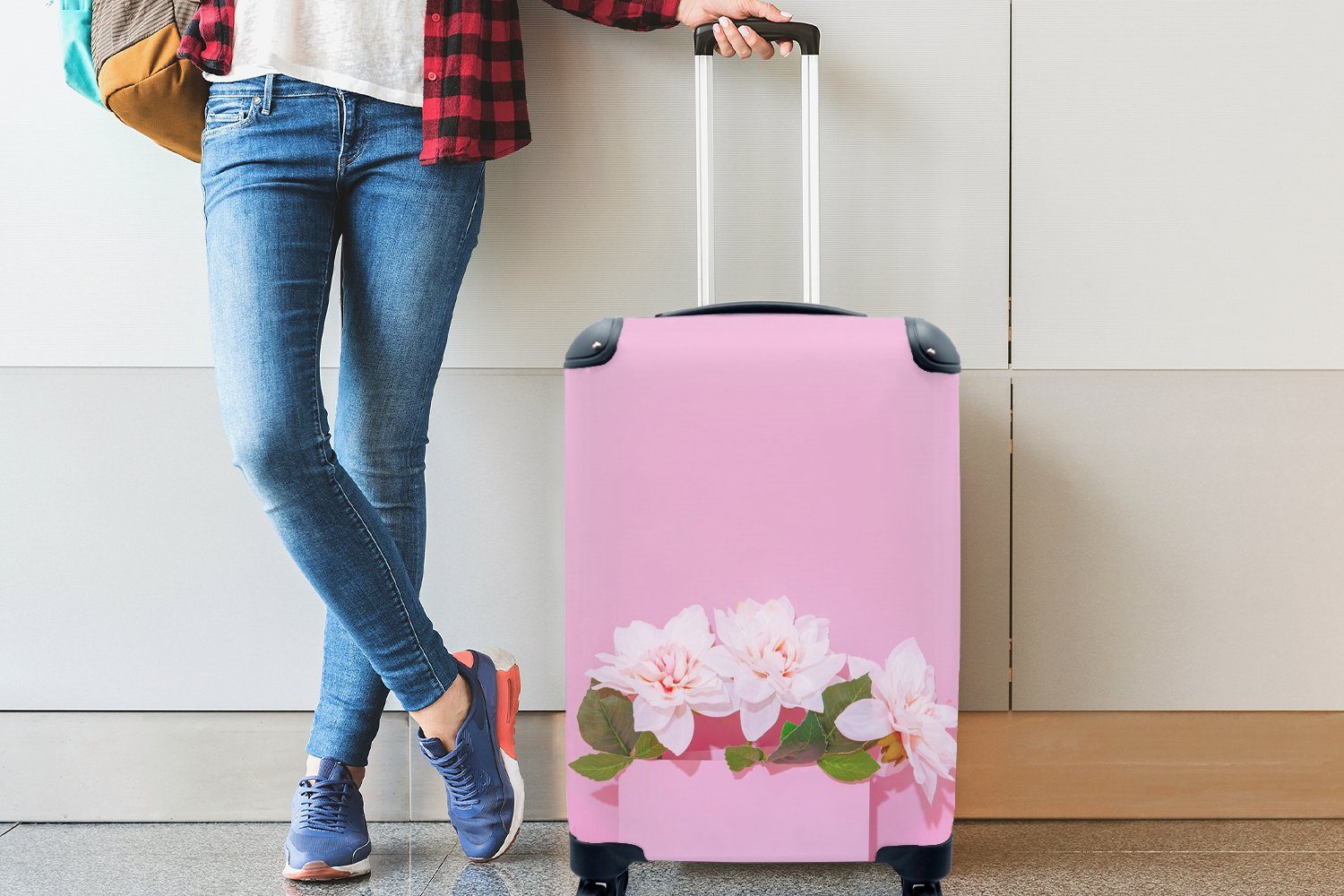 4 Handgepäck Reisetasche Handgepäckkoffer Rollen, - rollen, Trolley, Ferien, Rosa, Blüte MuchoWow für Sommer - Reisekoffer mit