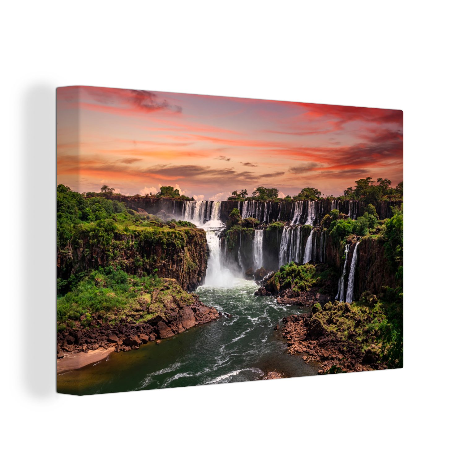 OneMillionCanvasses® Leinwandbild Wasserfälle mit Bäumen - Sonnenuntergang - Orange, (1 St), Wandbild Leinwandbilder, Aufhängefertig, Wanddeko, 30x20 cm