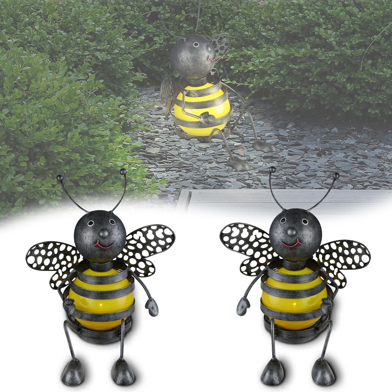 bmf-versand LED Solarleuchte LED Solarlampe 2er Set Solarleuchten Gartenleuchte Metall Biene Außen, Gartendeko, LED fest integriert, warmweiß, Gartenbeleuchtung