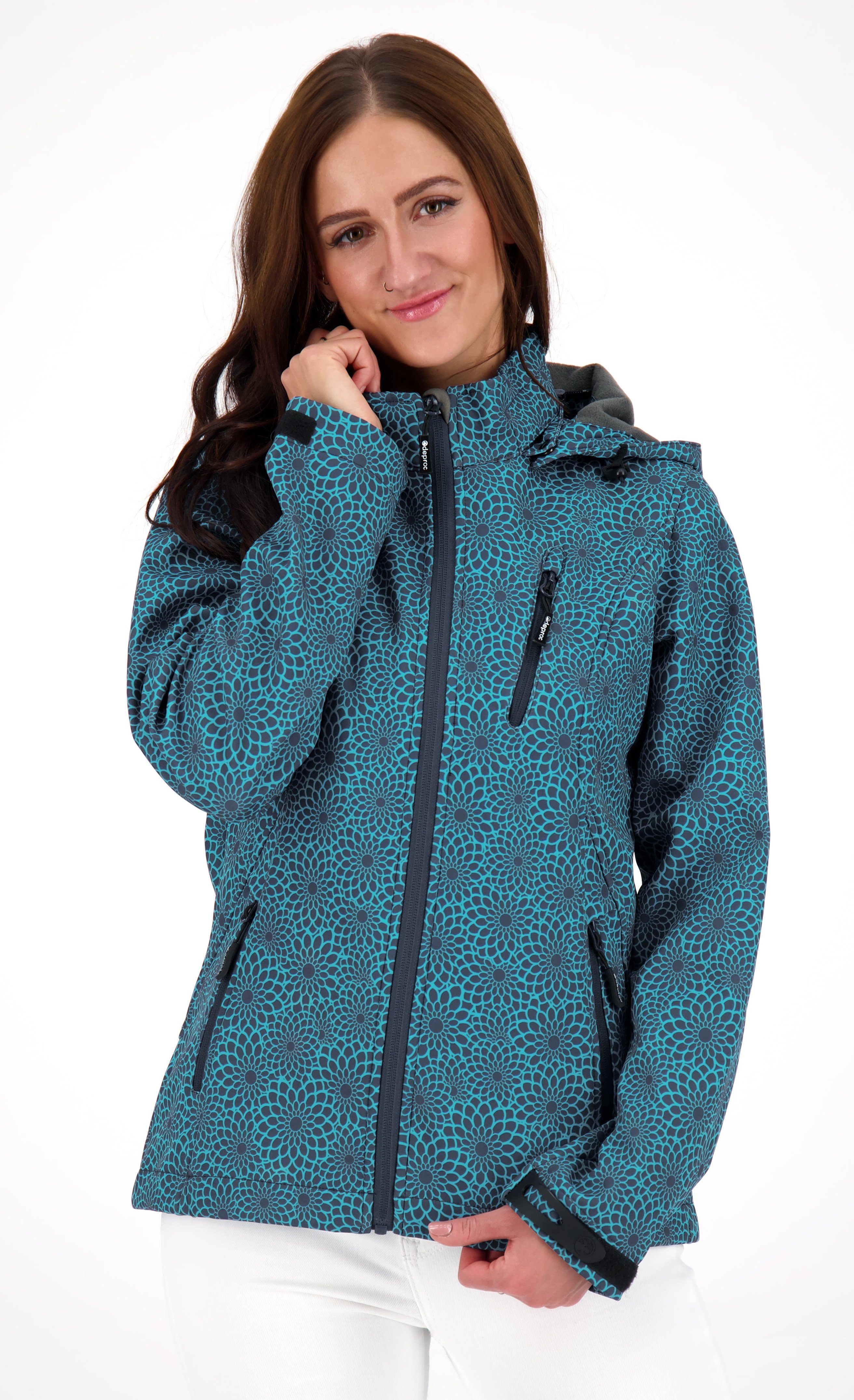 Softshelljacke navy SHELBY All-Over-Print und PEAK leichte mit DEPROC DC Active Kapuze print Softshelljacke abnehmbarer