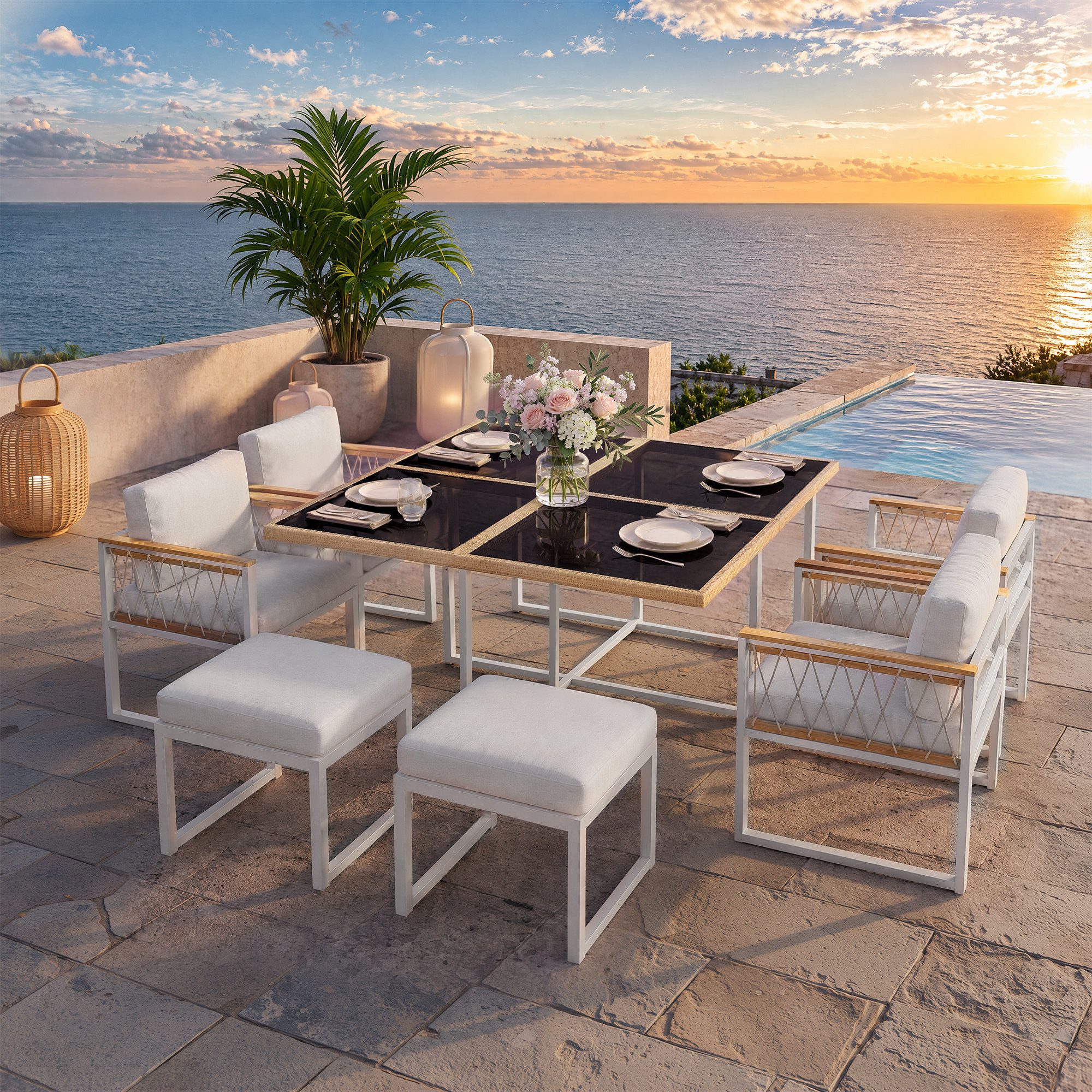 Flieks Garten-Essgruppe, (7-tlg), 6-Sitzer Gartenmöbel Esstisch- und Stuhlset mit Stuhl aus Polyrattan