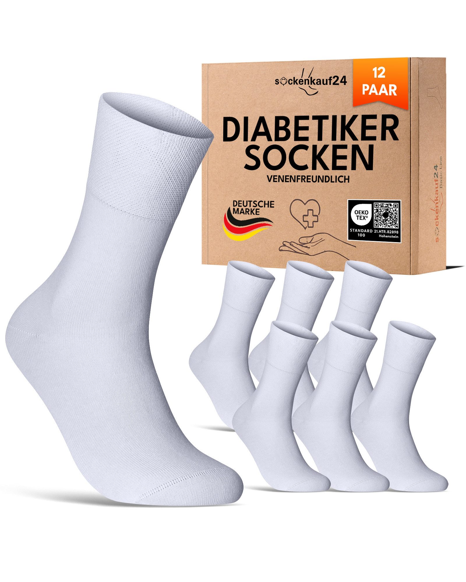 sockenkauf24 Diabetikersocken 97% Baumwolle ohne Gummibund & ohne Naht mit Komfortbund (12-Paar) Diabetiker Socken ohne Gummi für Damen & Herren
