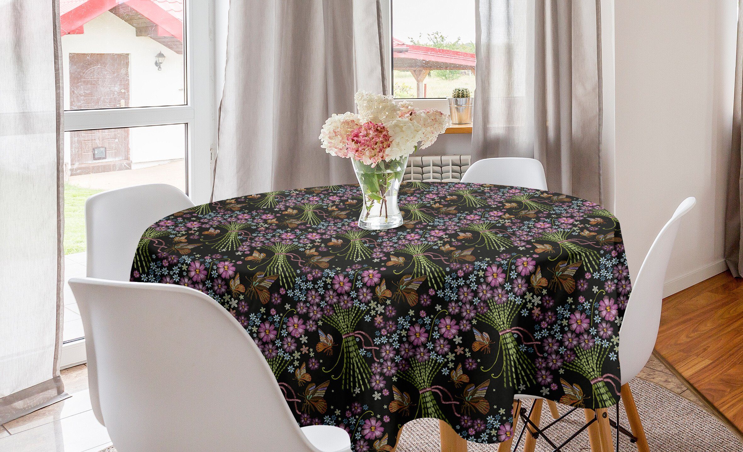 Abakuhaus Tischdecke Kreis Tischdecke Abdeckung für Esszimmer Küche Dekoration, Jahrgang Blumenstrauß und Schmetterlinge