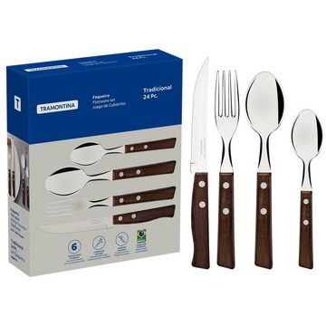 Tramontina Besteck-Set TRADICIONAL Steakbesteck (24-tlg), 6 Personen, Edelstahl, Tafelbesteck, rostfrei, Naturholz-Griffe