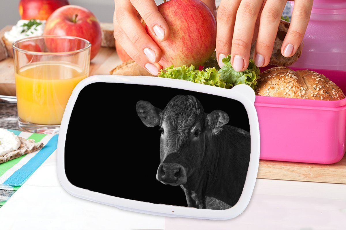 MuchoWow Lunchbox Snackbox, - Schwarz Kunststoff Mädchen, Tiere - Brotbox Weiß Kuh rosa Brotdose Porträt, Kinder, (2-tlg), für - - Kunststoff, Erwachsene