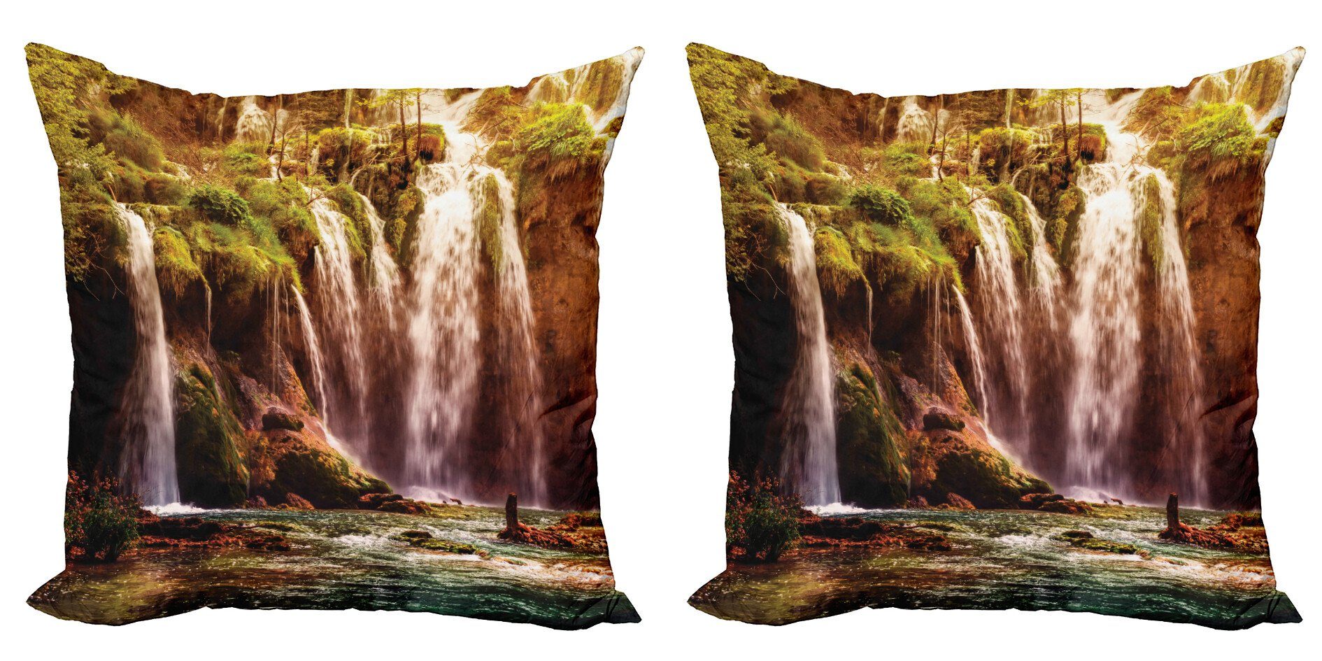 Kissenbezüge (2 Stück), Digitaldruck, Doppelseitiger Wald Natur Bäume Abakuhaus Modern Accent Wasserfall