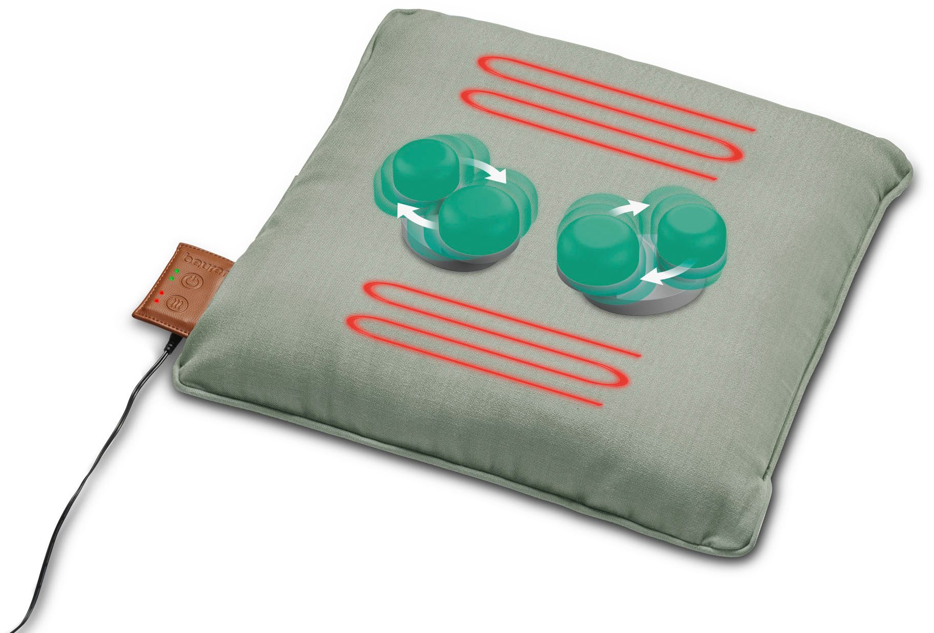 BEURER Shiatsu-Massagekissen MG 139, zuschaltbare Wärmefunktion mit 2 Temperaturstufen, Akkubetrieben mit Abschaltautomatik, 40 x 40cm