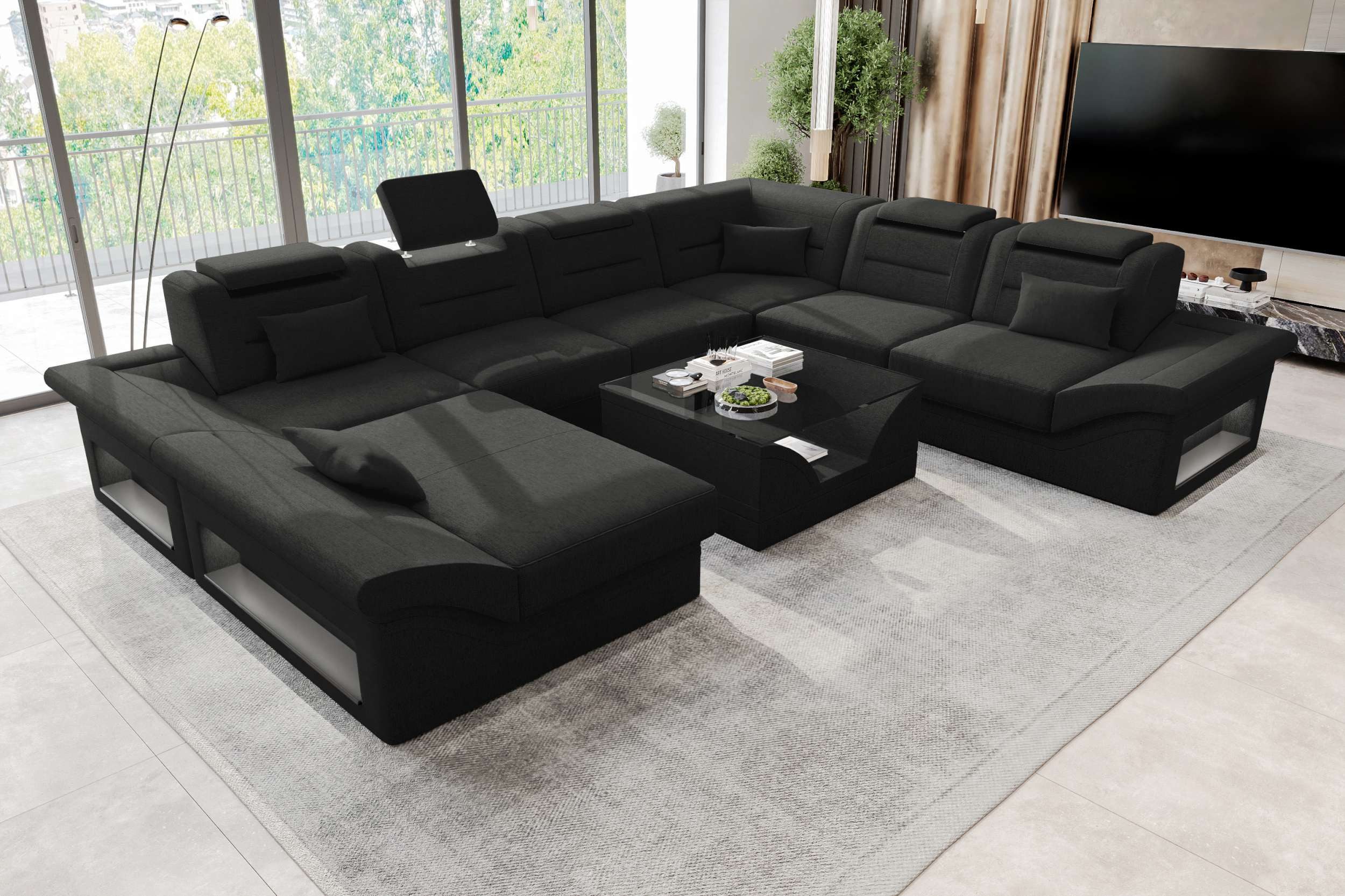 Sofa Dreams Wohnlandschaft XXL Wohnlandschaft Enzo U-Form in Stoff, Wohnlandschaft, U-Form, Polster Couch in U-Form mit LED, 2 Zierkissen inklusive