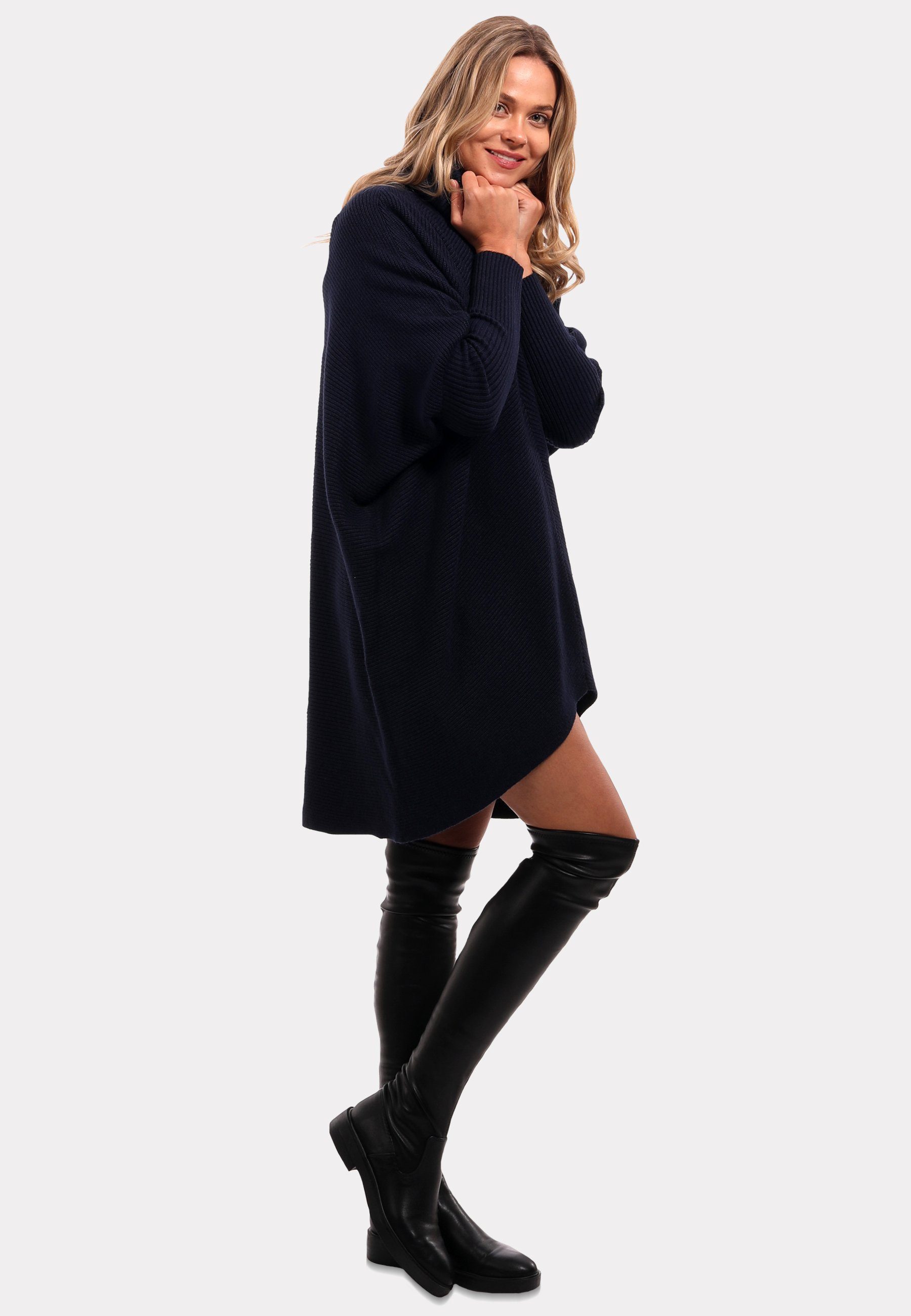 Longpullover mit in (1-tlg) YC Size marine überschnittenen & Plus Strickpullover Unifarbe, mit Rollkragen Fashion asymmetrisch Schultern Style