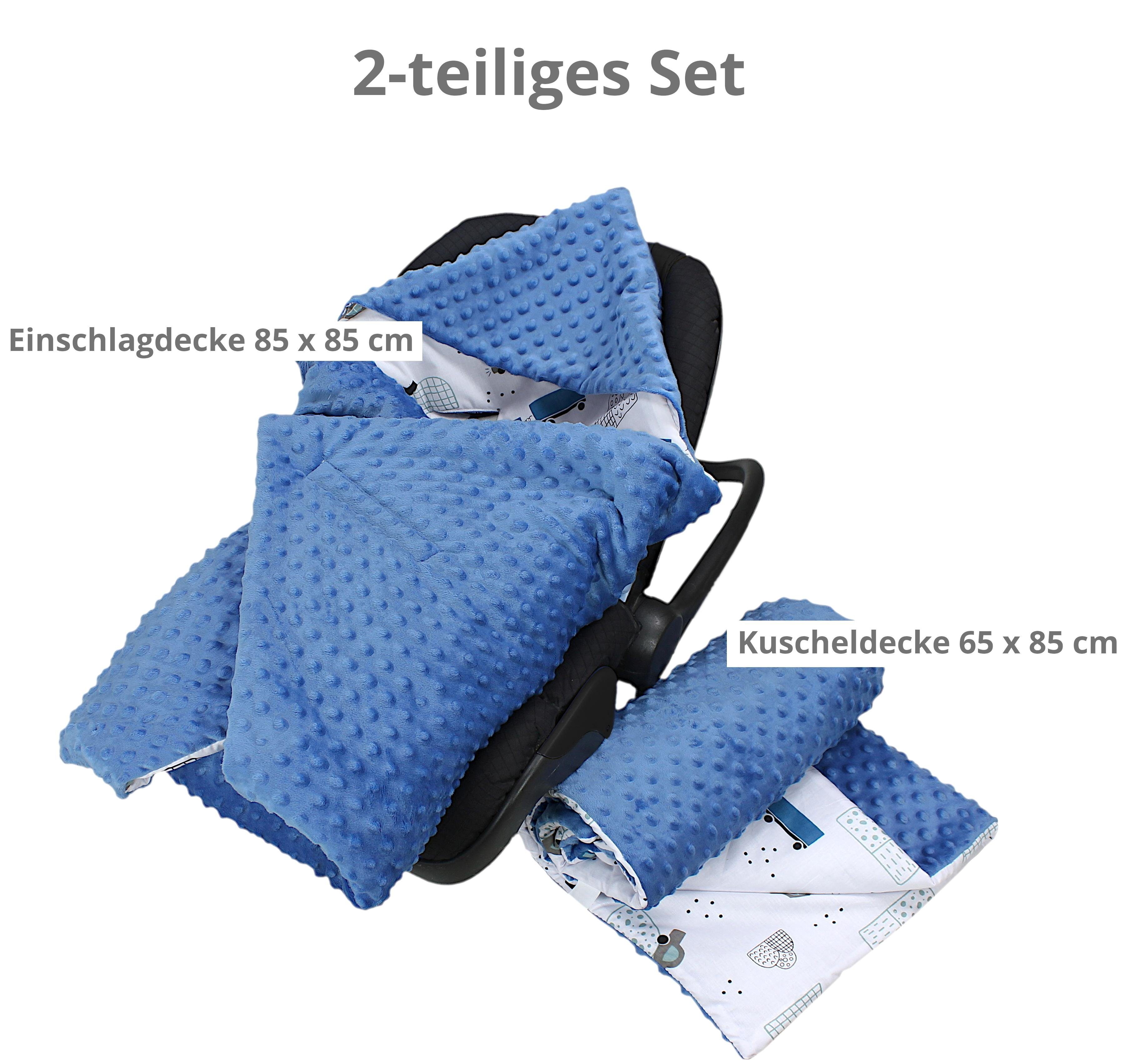 Decke 85x85 Minky, Baby Babyschale Einschlagdecke TupTam für 2er Einschlagdecke Jeansblau / Autos SET Autositz