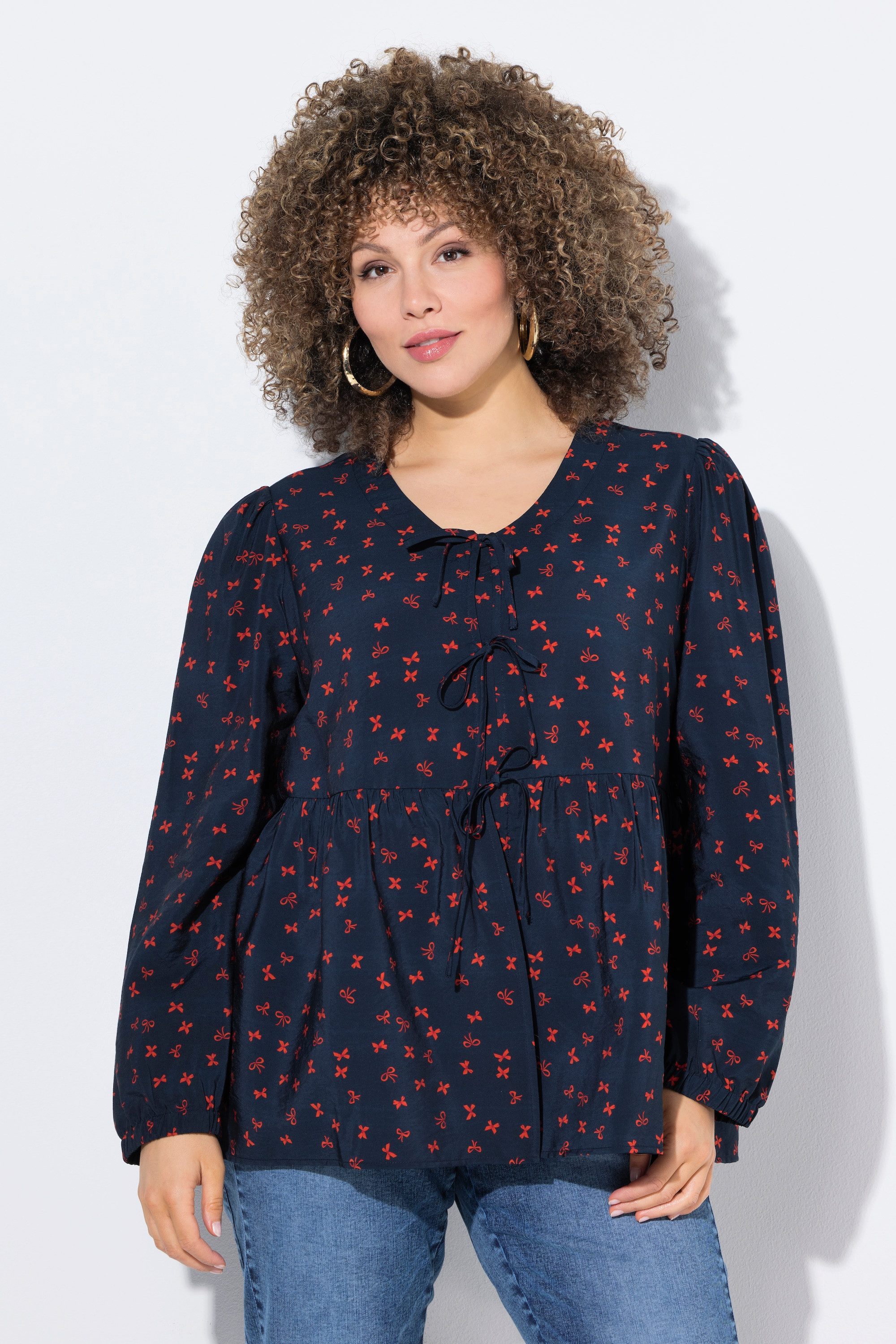 Satinbluse Bluse Schleifen A-Linie V-Ausschnitt Langarm