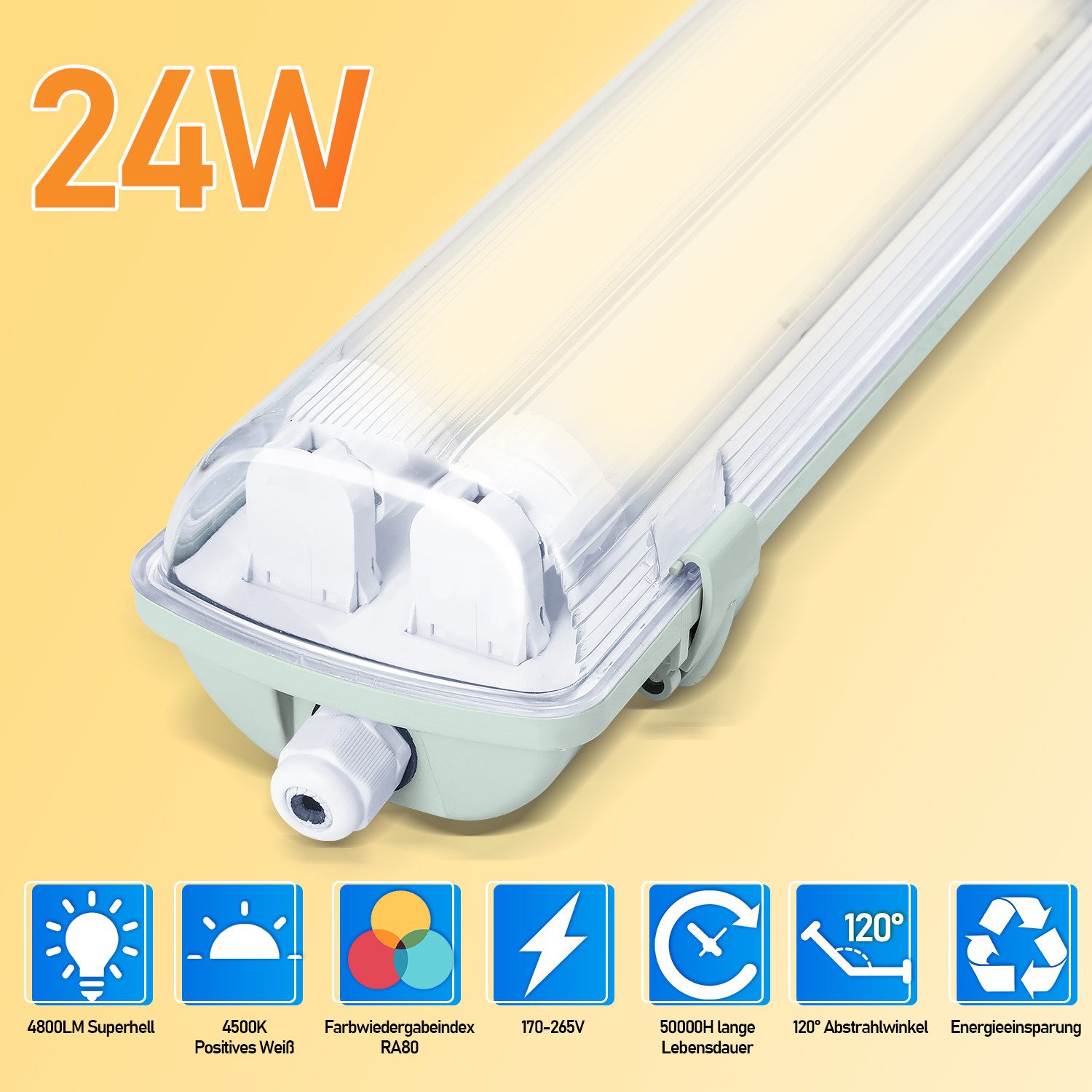 Clanmacy Außen-Deckenleuchte LED Feuchtraumleuchte Wannenleuchte Wannenleuchte T8 LED Röhre IP65, 2X24W 150CM, Neutralweiß