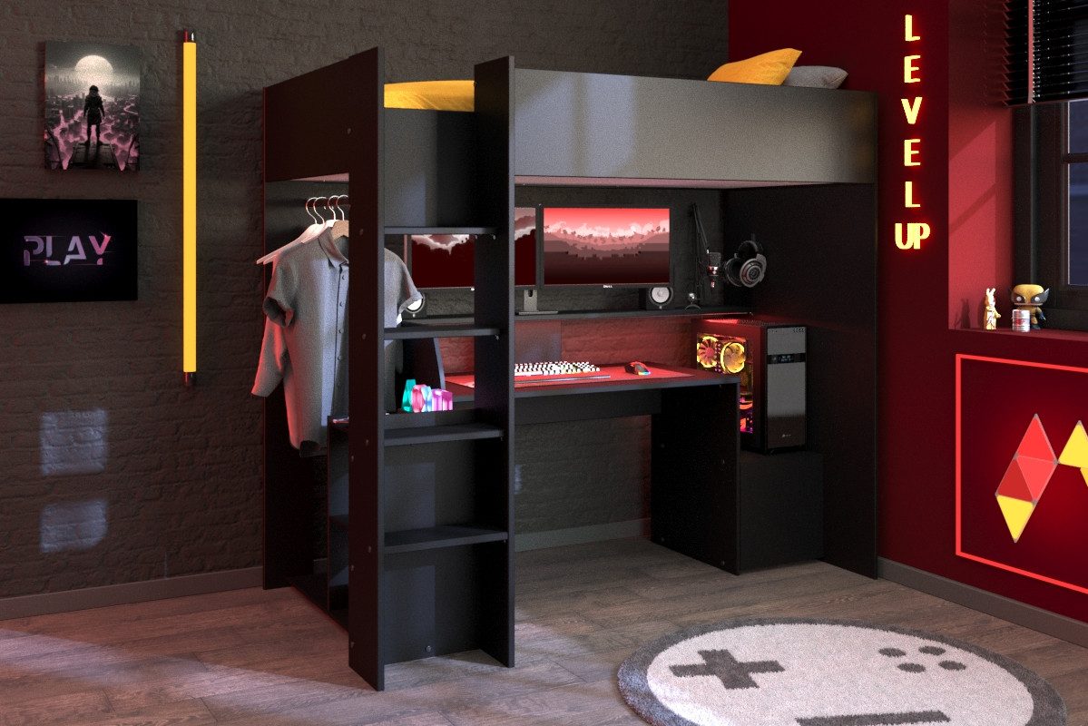 Hochbett Meddox, TOPSELLER! OTTOs Choice, Gamerbett, LED, Schreibtisch