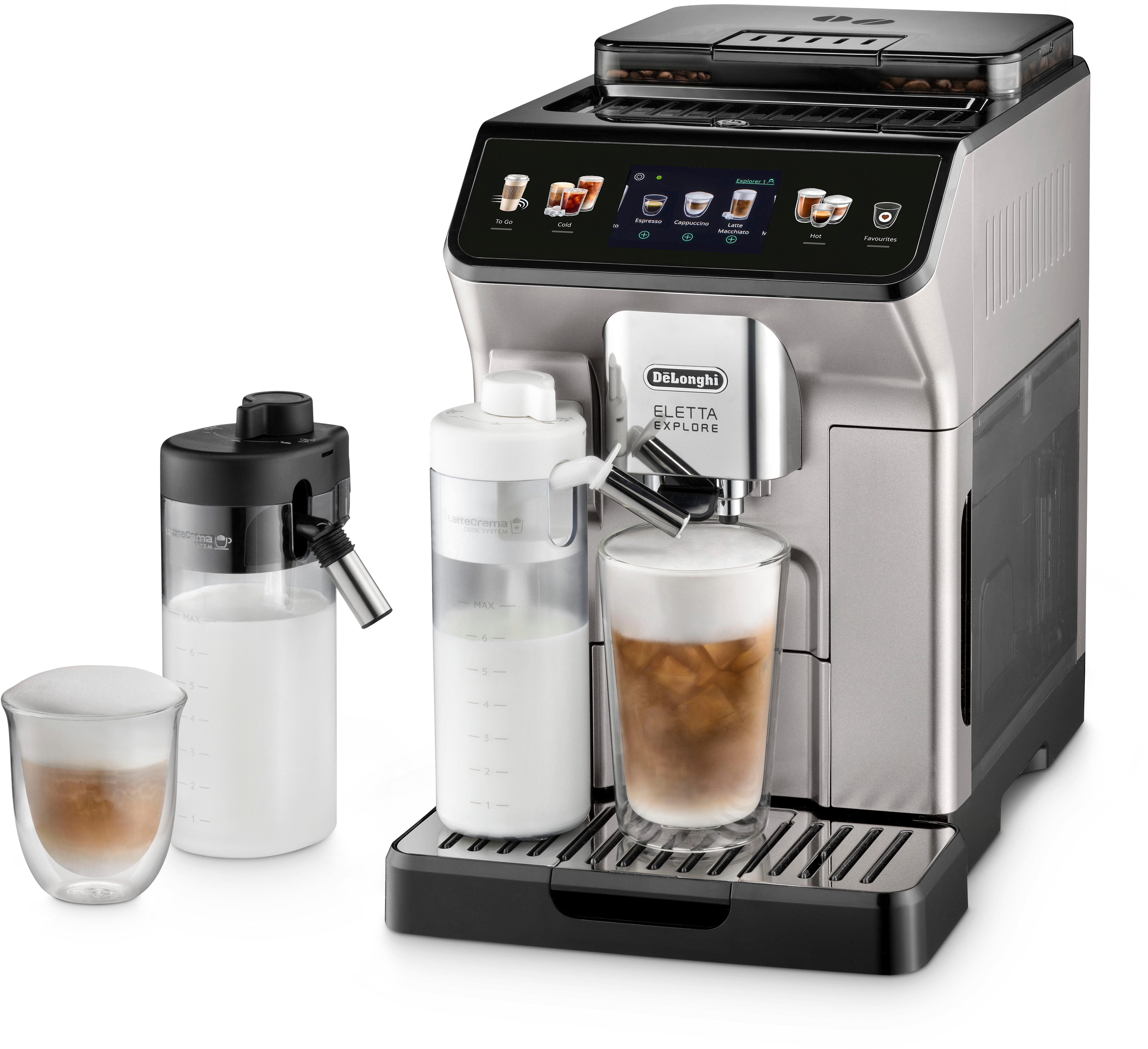 De'Longhi Kaffeevollautomat Eletta Explore ECAM450.55.S - 40 Rezepte, heißer & kalter Milchschaum, 3,5" Touch-Display, herausnehmbare Brühgruppe, einstellbarer Mahlgrad