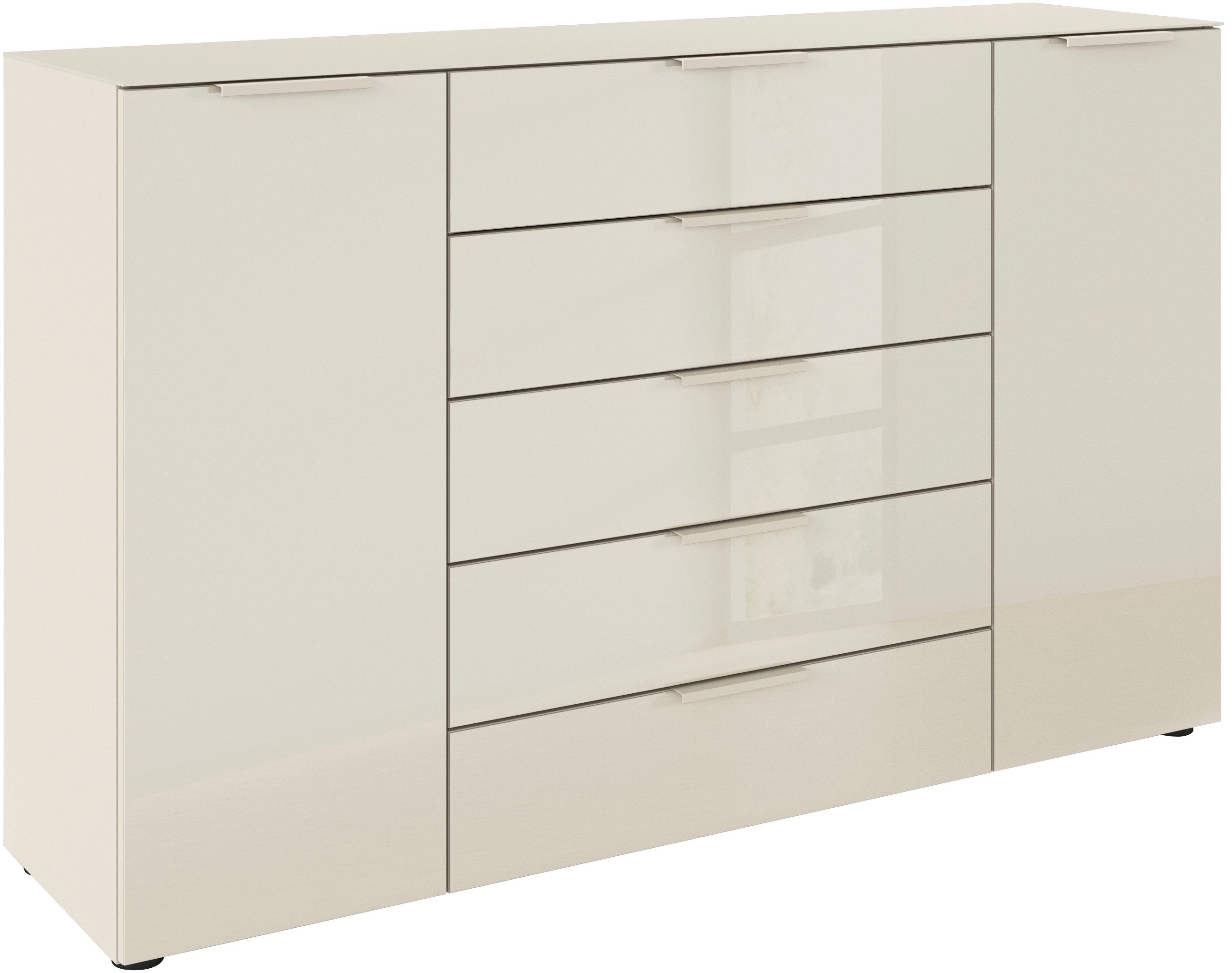 rauch Schubkastenkommode Kommode Türkommode Sideboard Kombikommode FLIPP mit Glasfront (Breite 160/180 cm mit 4 Einlegeböden), 2-türig, 5 Schubladen, Soft-Close, Oberboden und Front Glas, 2 Breiten