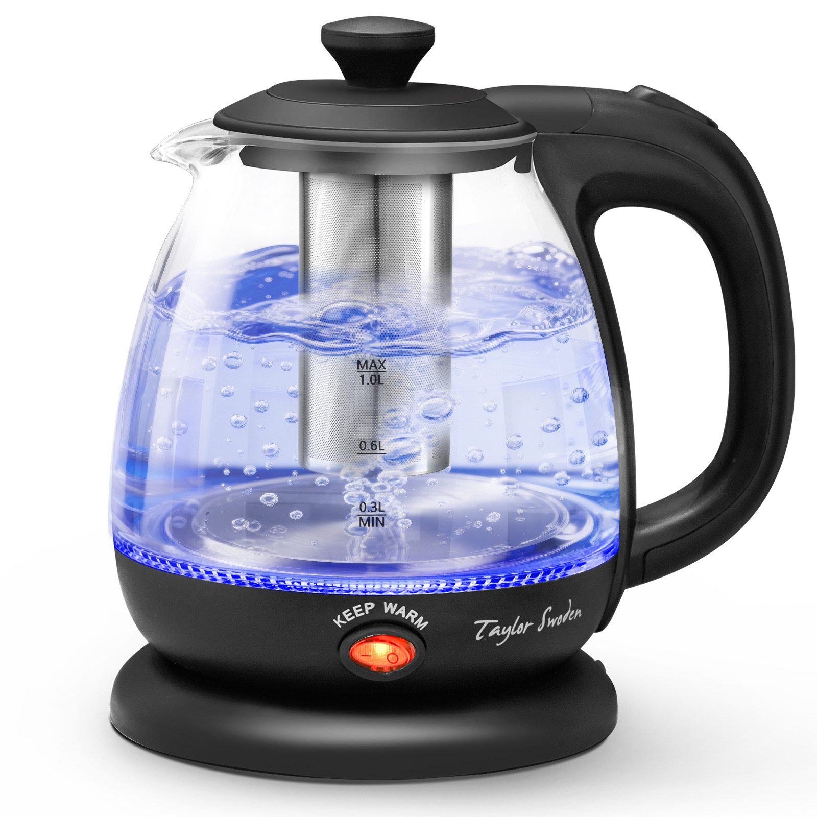 Taylor Swoden Wasserkocher Reisewasserkocher Glas Kleiner 1L, 2200W, Warmhaltefunktion, BPA-Frei, 1 l, 2200,00 W, Mit LED Leuchtanzeige, Abnehmbarer Filter, Trockener Kochschutz
