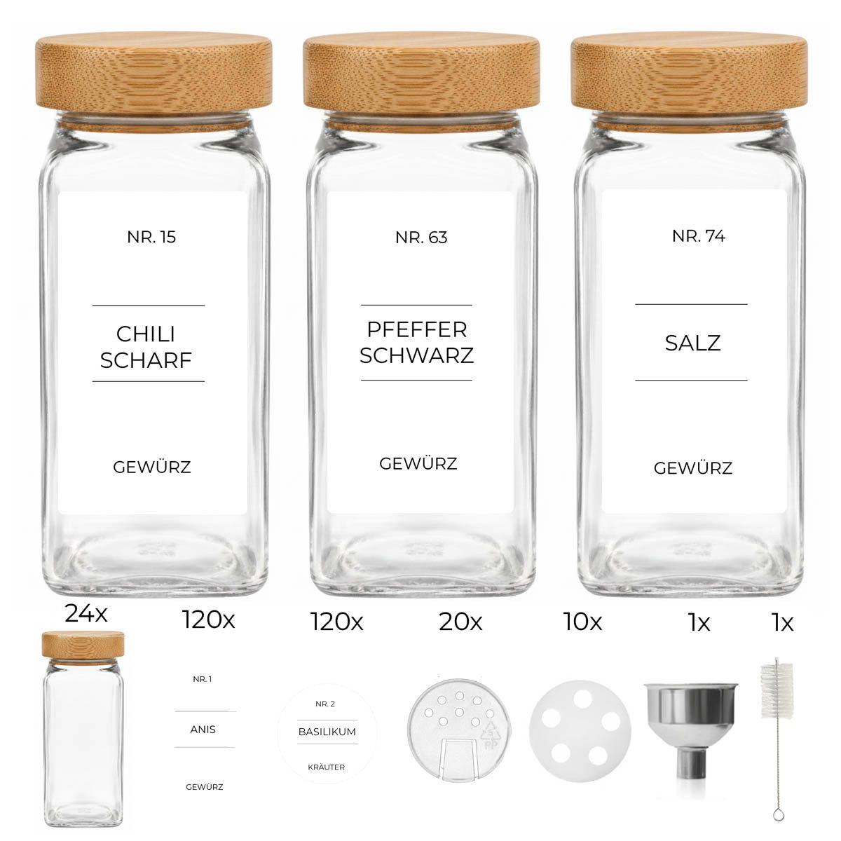 mixed24 Gewürzstreuer 24x Gewürzgläser mit Bambus Deckel, (inkl. 240 Etiketten, 30x Streueinsätze, 24-tlg), 1x Edelstahl Trichter, 1x Reinigungsbürstchen