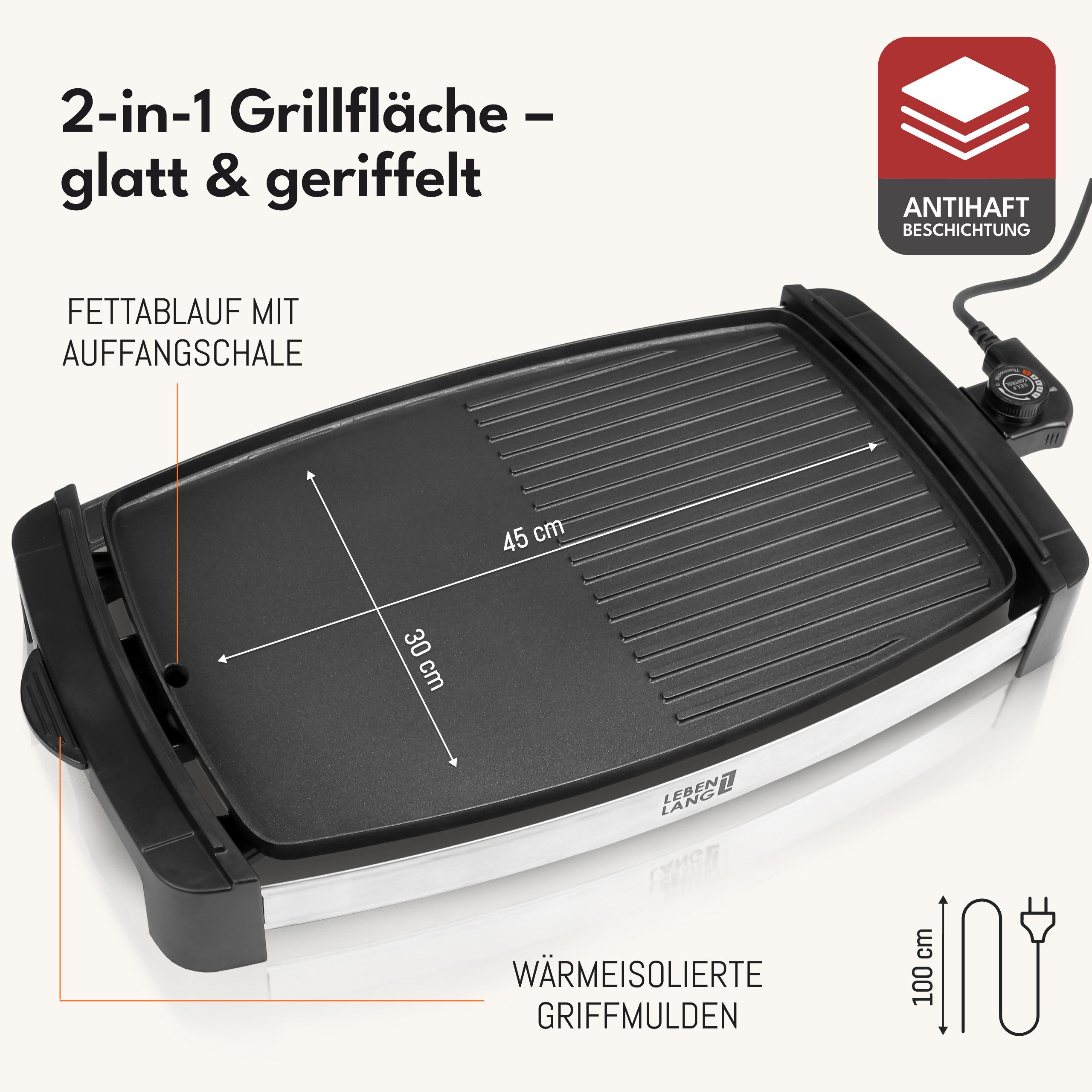 Lebenlang Tischgrill Elektrogrill Tischgrill elektrisch, 2000 Watt, Indoor, XXL, 2200 W, 2000W Heizleistung Für Innen & Außen geeignet