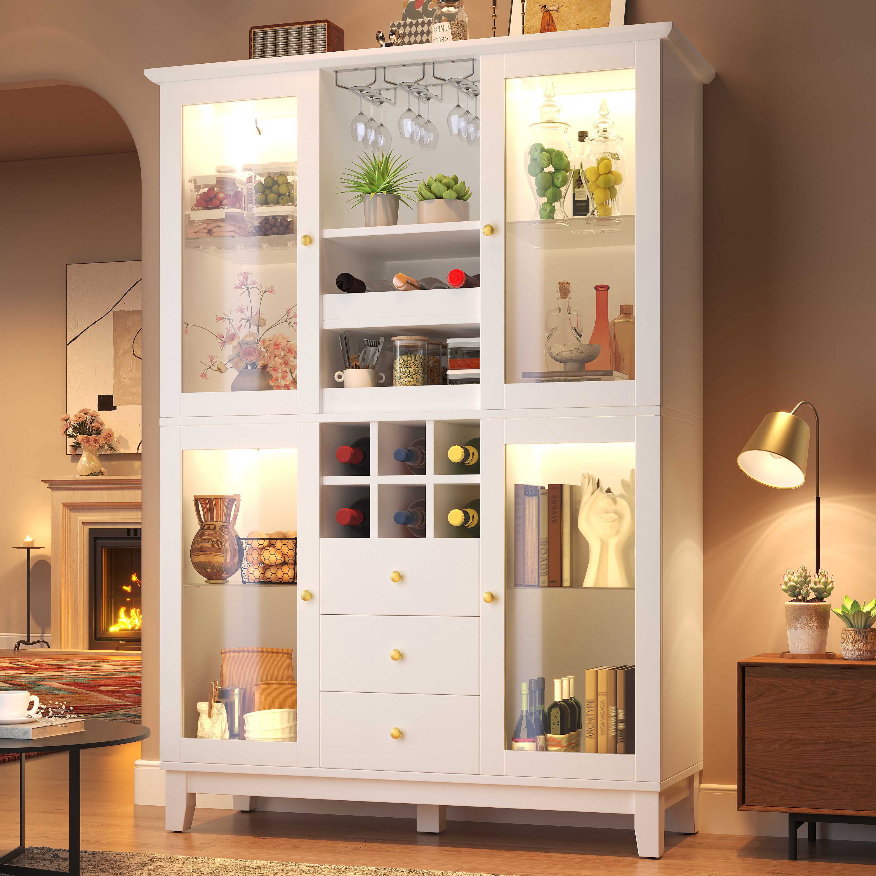TavilaEcon Weinschrank mit App-gesteuerter LED-Beleuchtung & 3 Schubladen (1-St) mit Weinglas- & Flaschenhalter, Schwarz/Weiß