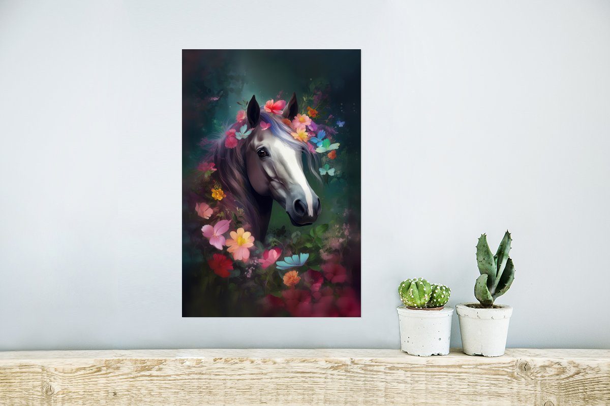 St), (1 Wandbild, - für Rahmen Poster Poster, MuchoWow Wandposter Tiere, Wald Ohne Wohnzimmer, Blumen - - - Pferd Natur