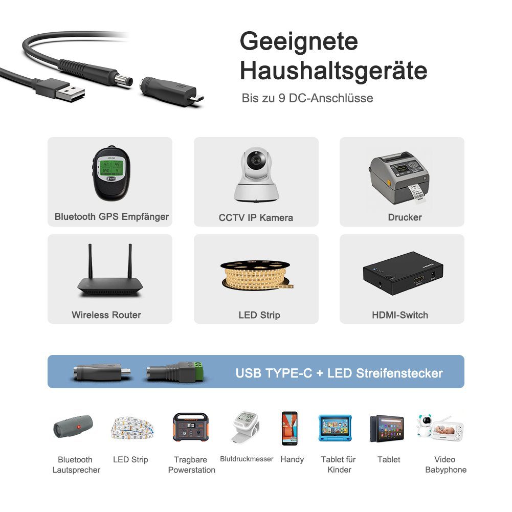 HKY 11 in 1 USB zu DC Kabel Konverter Universal Adapter USB Kabel Netzteil (für Tablet JBL Pulse Samsung Handy Ladegerät)