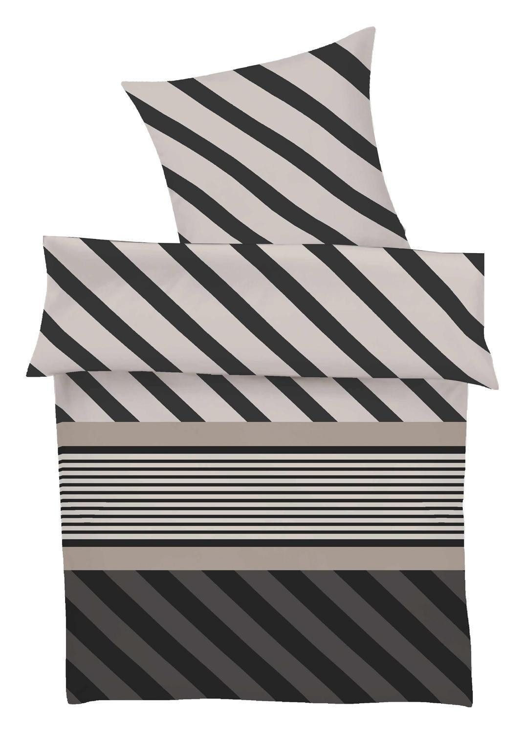 Bettwäsche BUGATTI, 135 x 200 cm, Schwarz, Grau, Baumwolle, 2 teilig, mit Reißverschluss