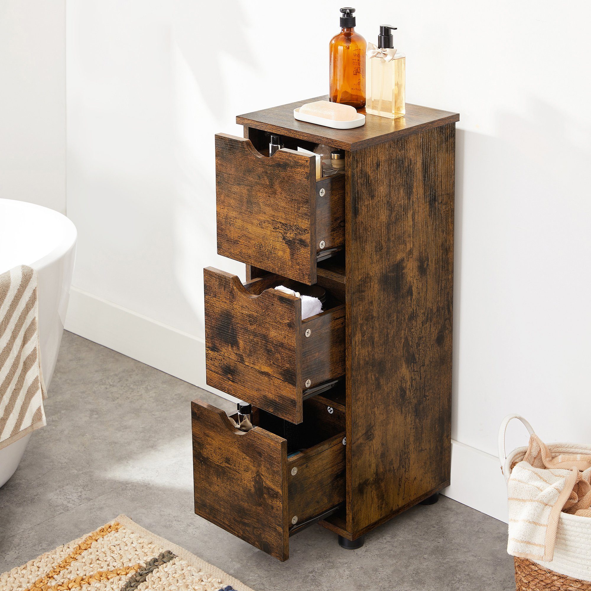 VASAGLE Badkommode Badezimmerschrank, für Badezimmer, Wohnzimmer, Esszimmer, Küche, Badschrank, Beistellschrank, mit 3 Schubladen, 30 x 30 x 80 cm