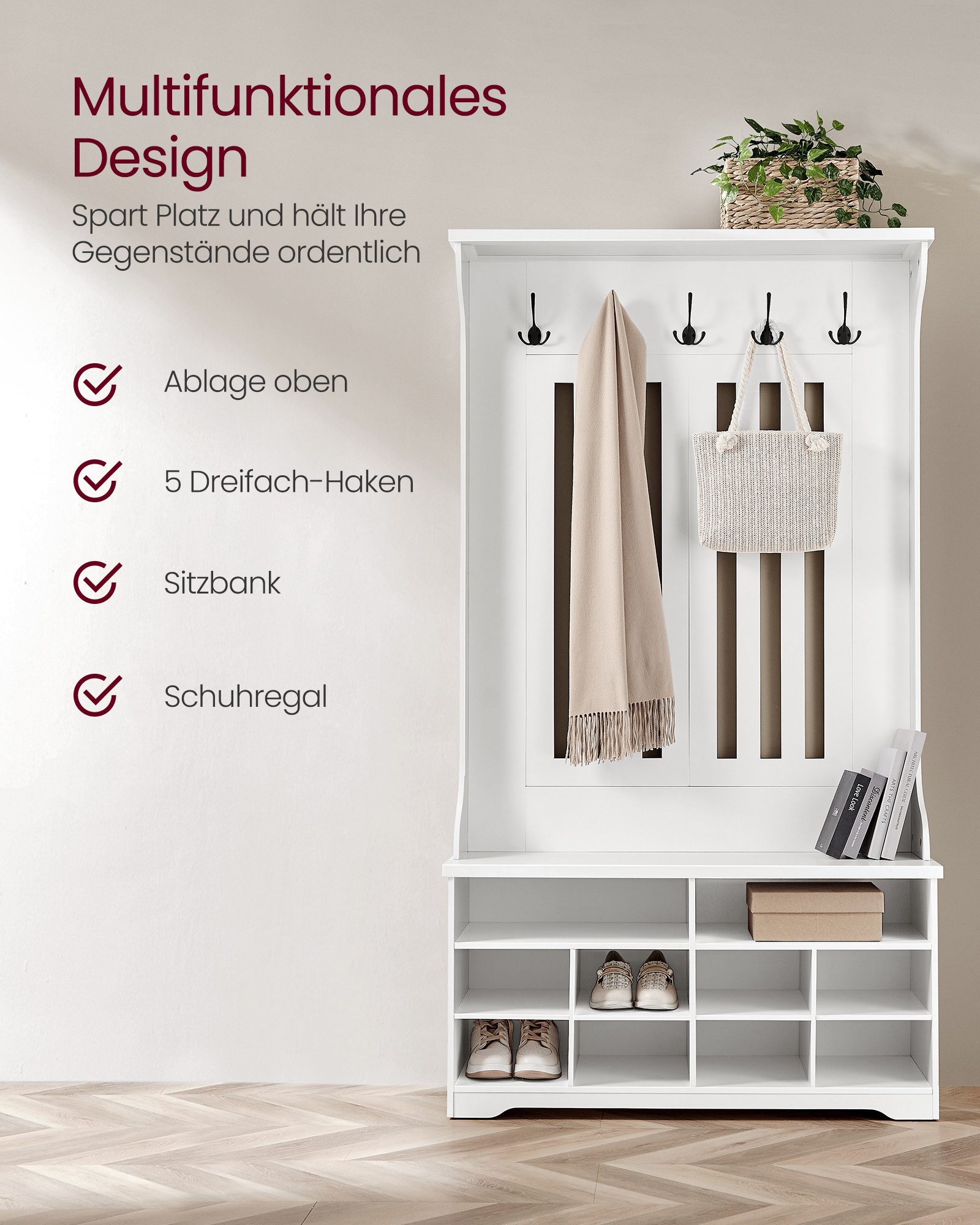 VASAGLE Garderobenständer Schuhaufbewahrung mit Schuhbank, 5 Dreifach-Haken, für Eingangsbereich, Flur, freistehend, platzsparend, Garderobe – Bild 4 von 5