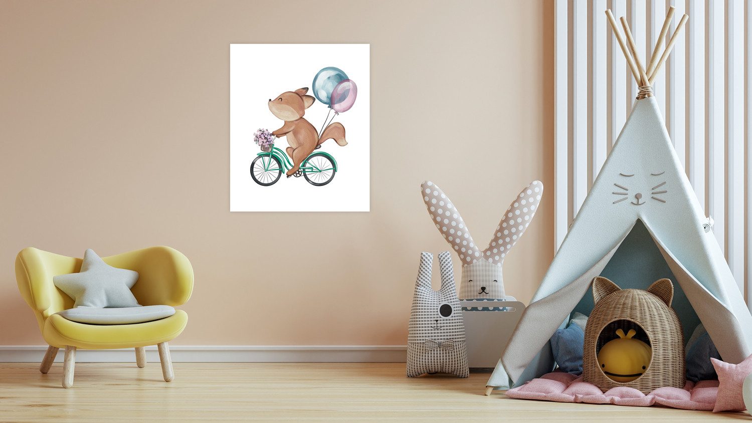 Lüttenhütt Bild mit Rahmen oder Poster, Blumenkorb und Luftballons, Eichhörnchen, Fahrräder, Fahrzeuge, Fantasy, Luftballon, Tiere (1 St), HD Premium Druck
