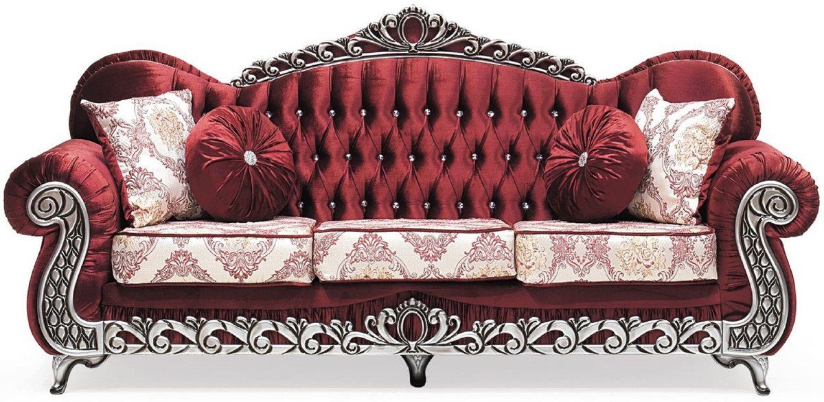 Casa Padrino Sofa Luxus Barock Sofa Bordeauxrot / Creme / Silber - Prunkvolles Wohnzimmer Sofa mit elegantem Muster und Glitzersteinen - Wohnzimmer Möbel im Barockstil - Barock Möbel - Edel & Prunkvoll